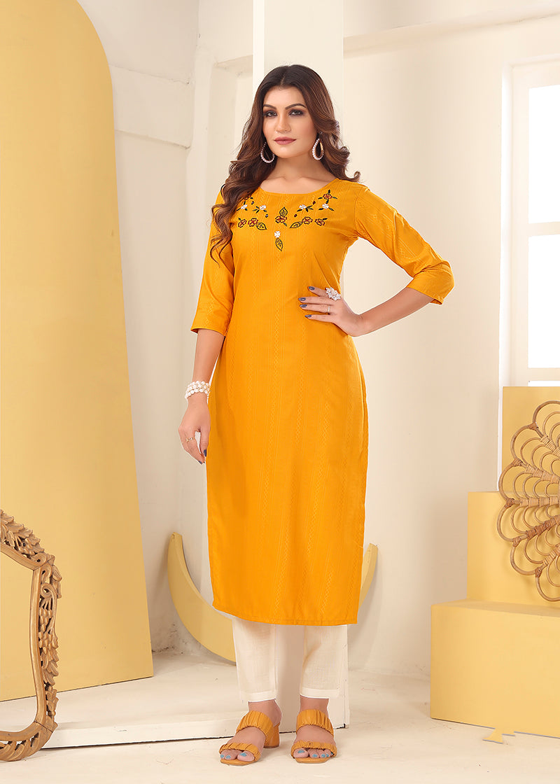 Mustard Vision silk with Handmade Embroidery Kurti