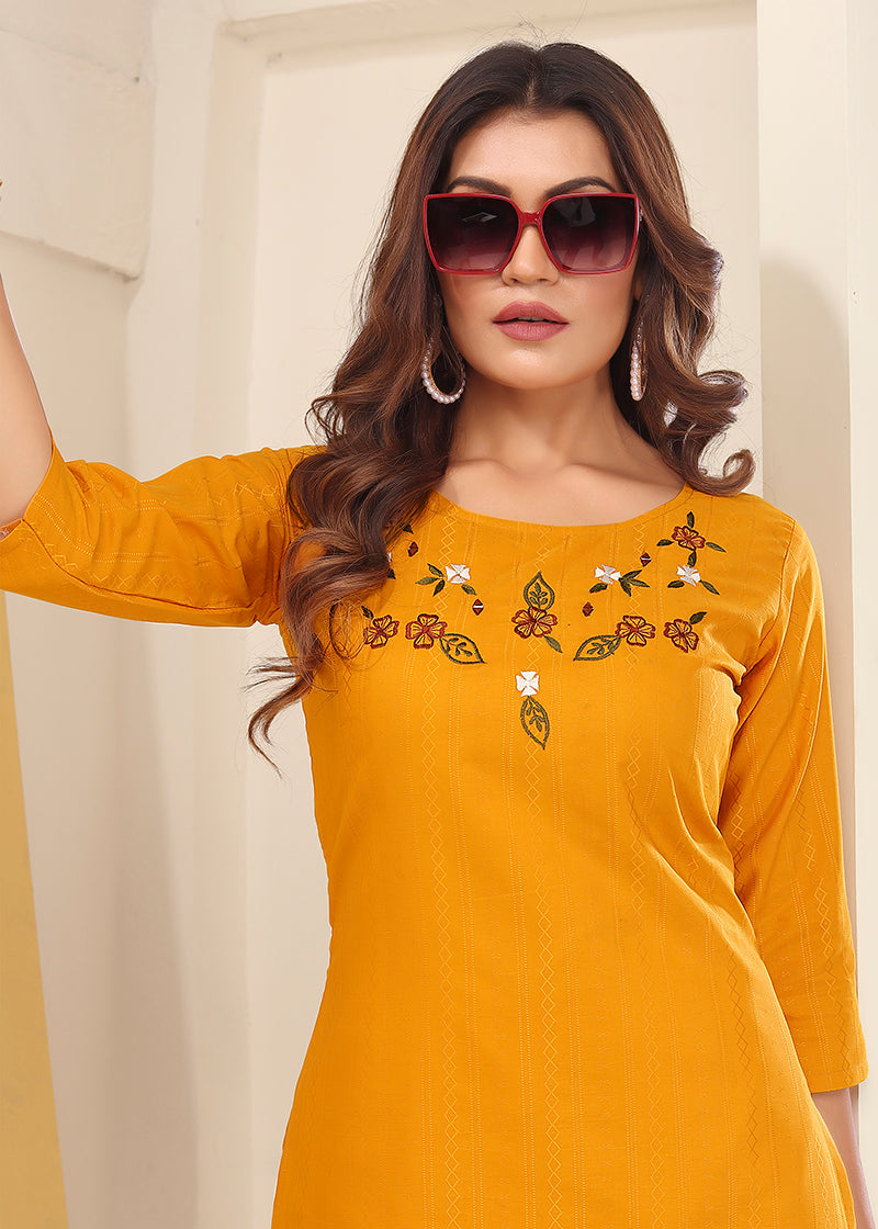 Mustard Vision silk with Handmade Embroidery Kurti