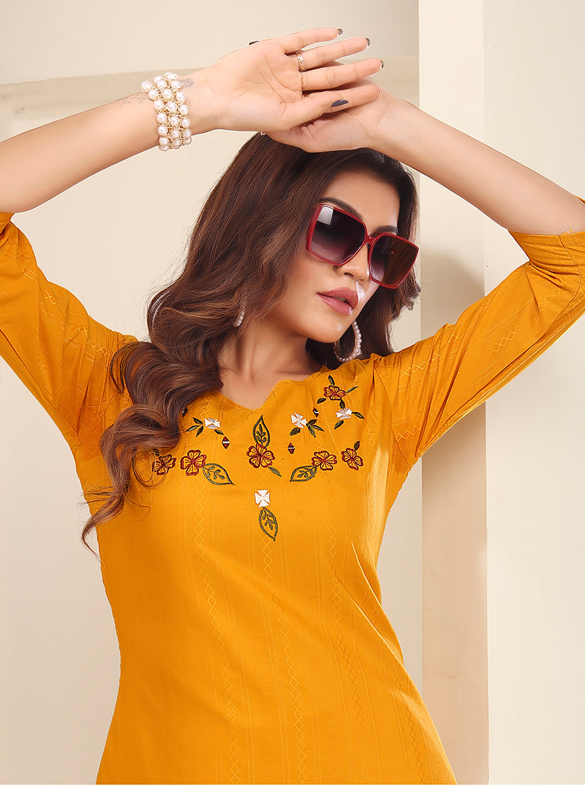Mustard Vision silk with Handmade Embroidery Kurti