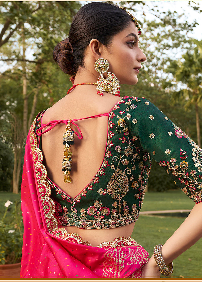 Hot Pink Banarasi Silk Wedding Wear Lehenga With Embroidery Work