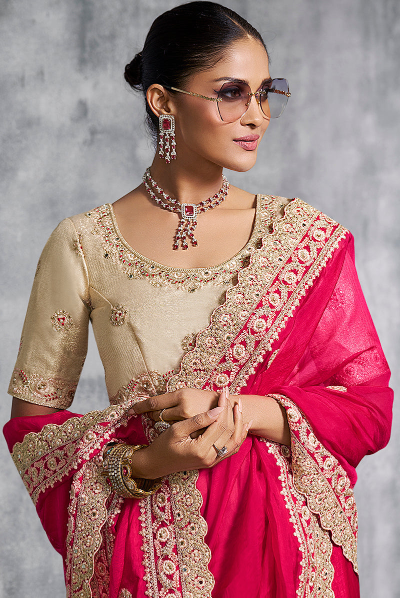 Hot Pink Embroidered and Lace Work Rangoli Satin Contemporary Sari
