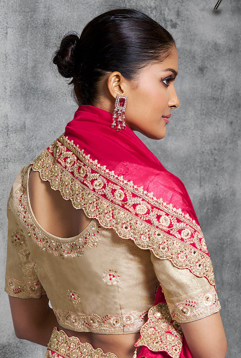 Hot Pink Embroidered and Lace Work Rangoli Satin Contemporary Sari