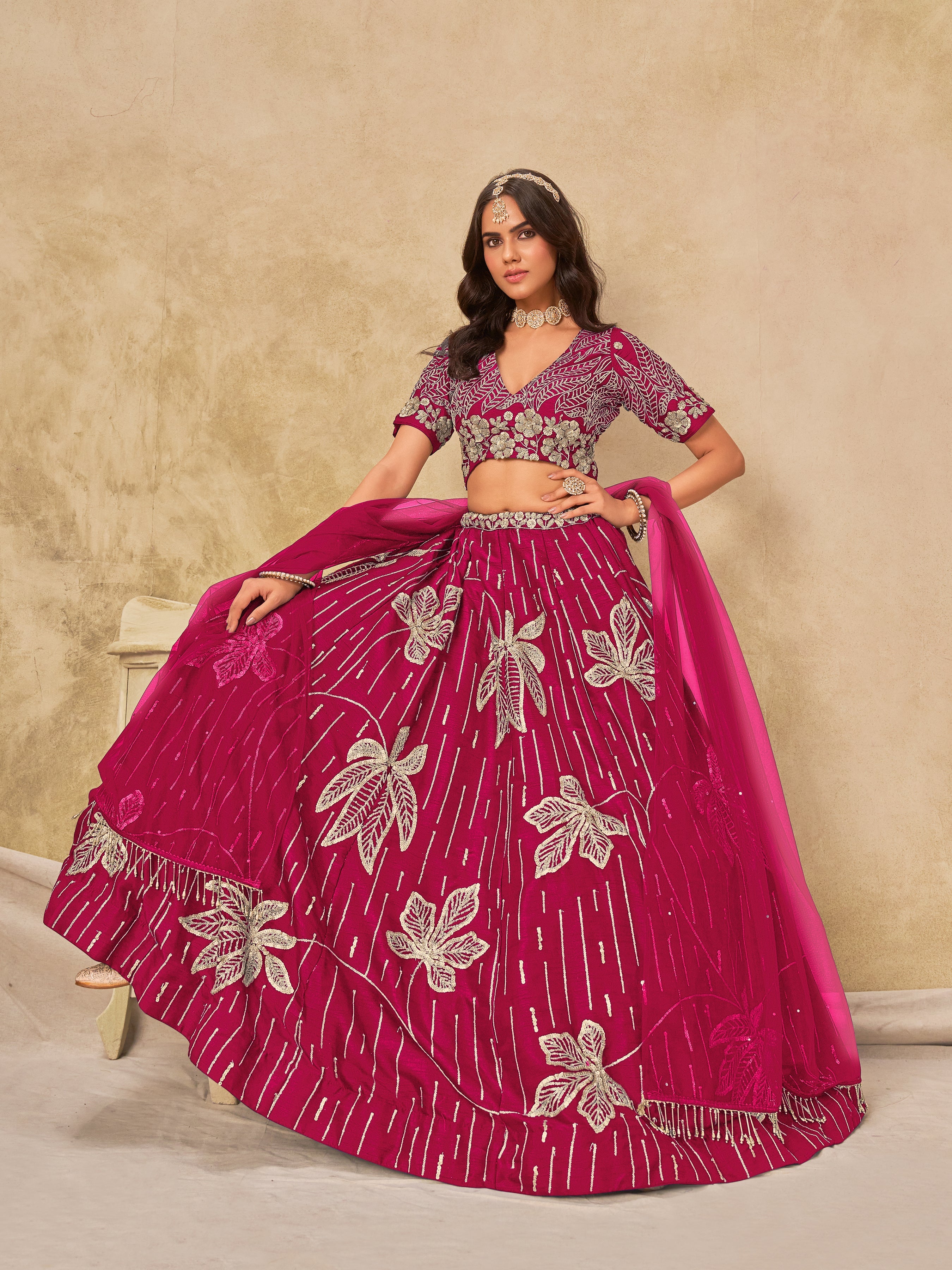 Hot Pink Embroidered Art Silk Reception Trendy Lehenga Choli