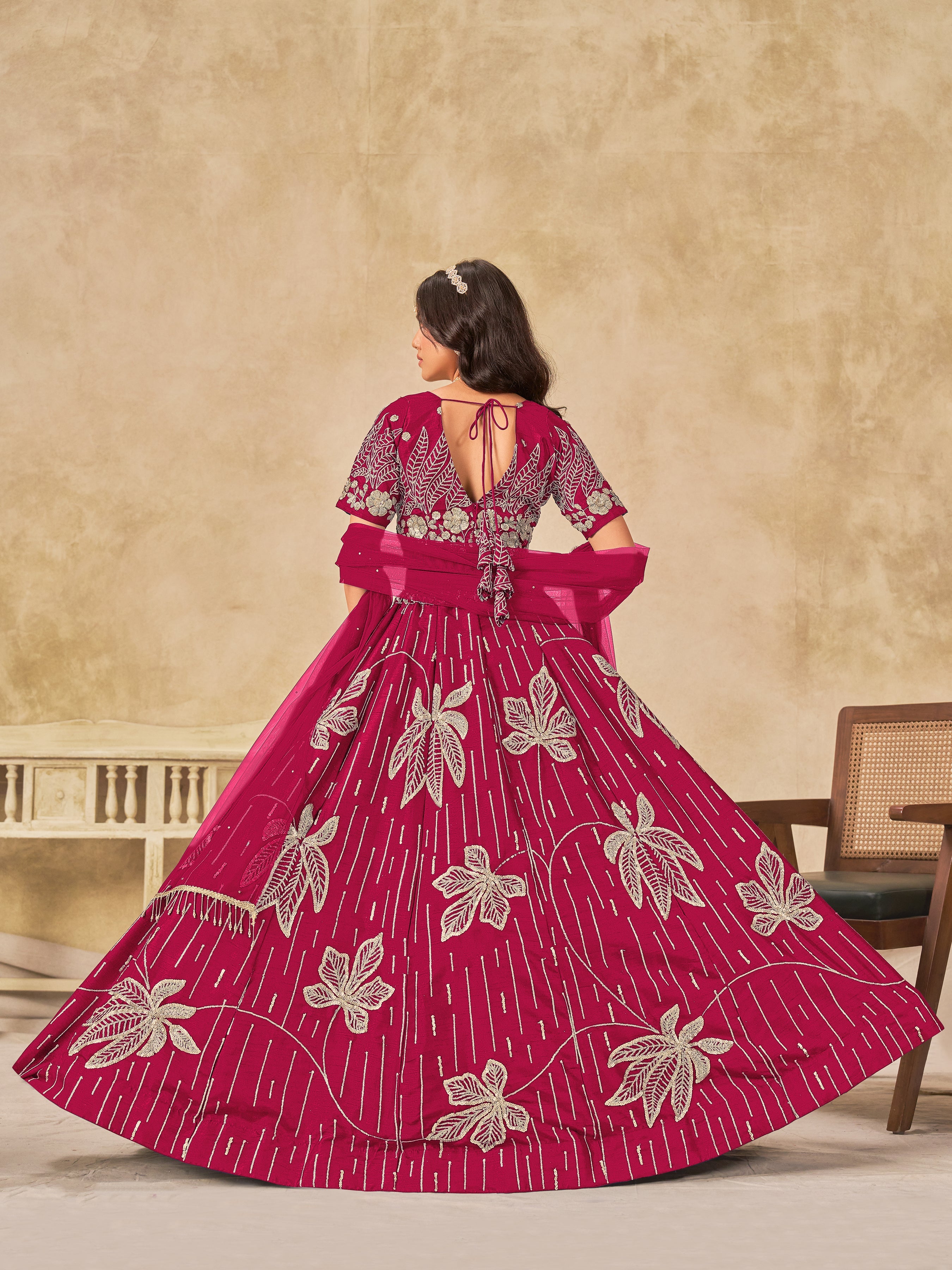 Hot Pink Embroidered Art Silk Reception Trendy Lehenga Choli