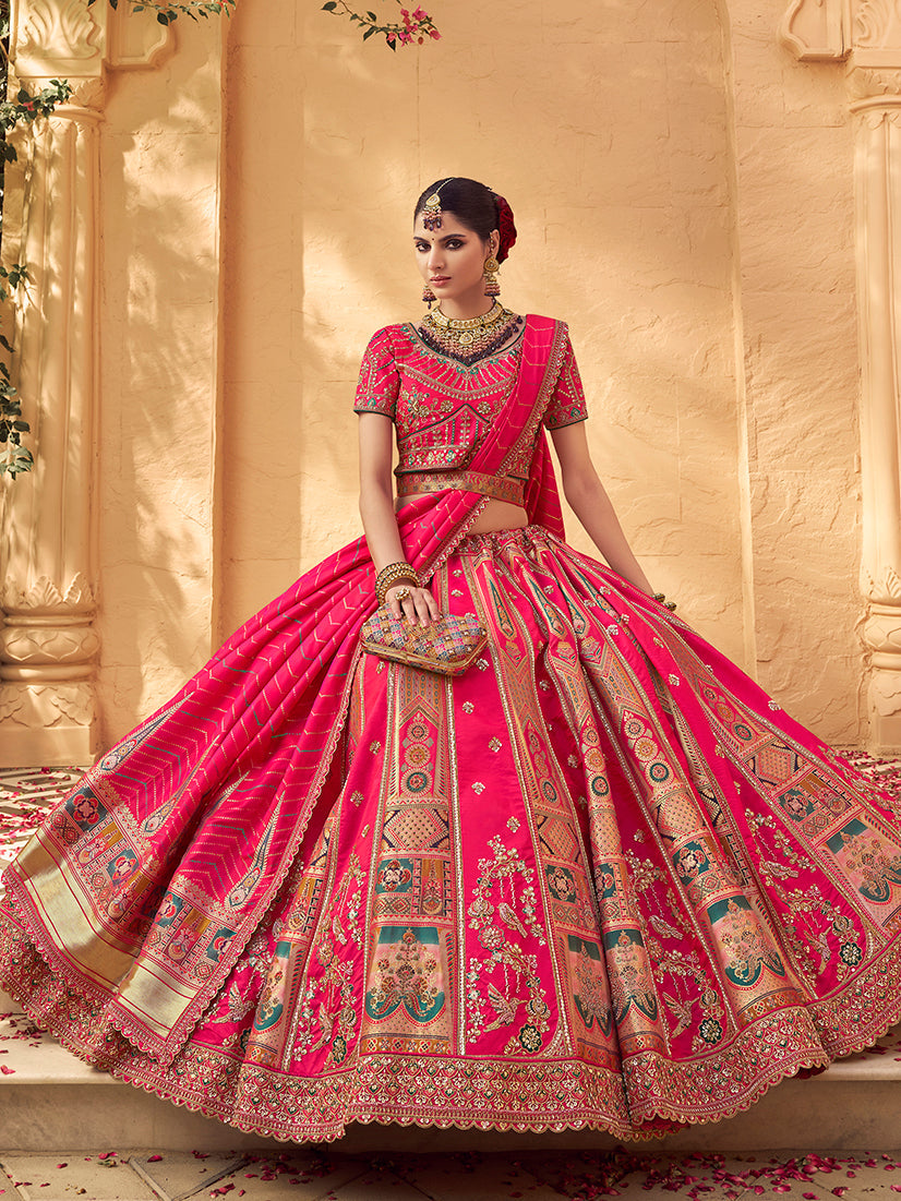 Hot Pink & Peach Banarasi Silk Wedding Wear Lehenga With Embroidery Work