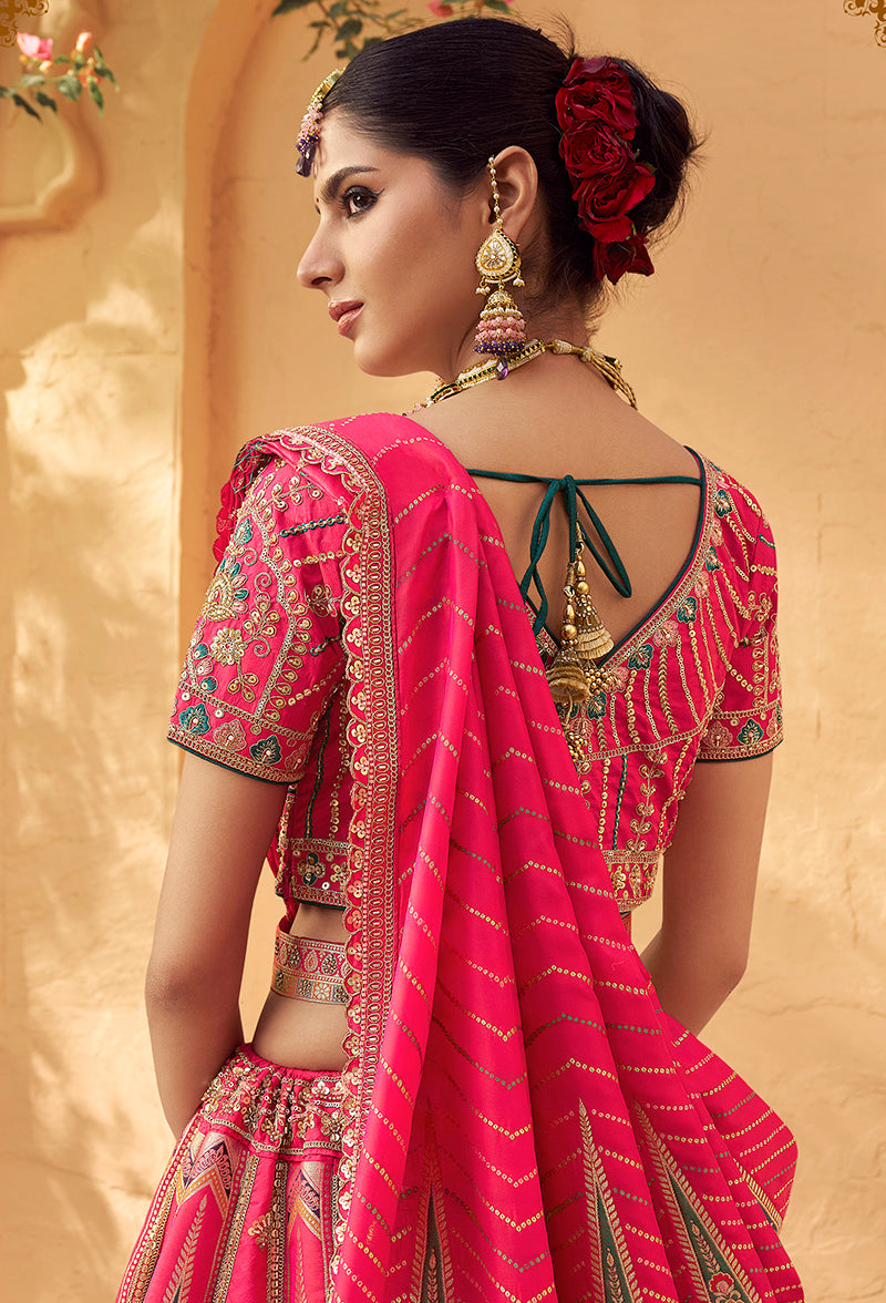 Hot Pink & Peach Banarasi Silk Wedding Wear Lehenga With Embroidery Work