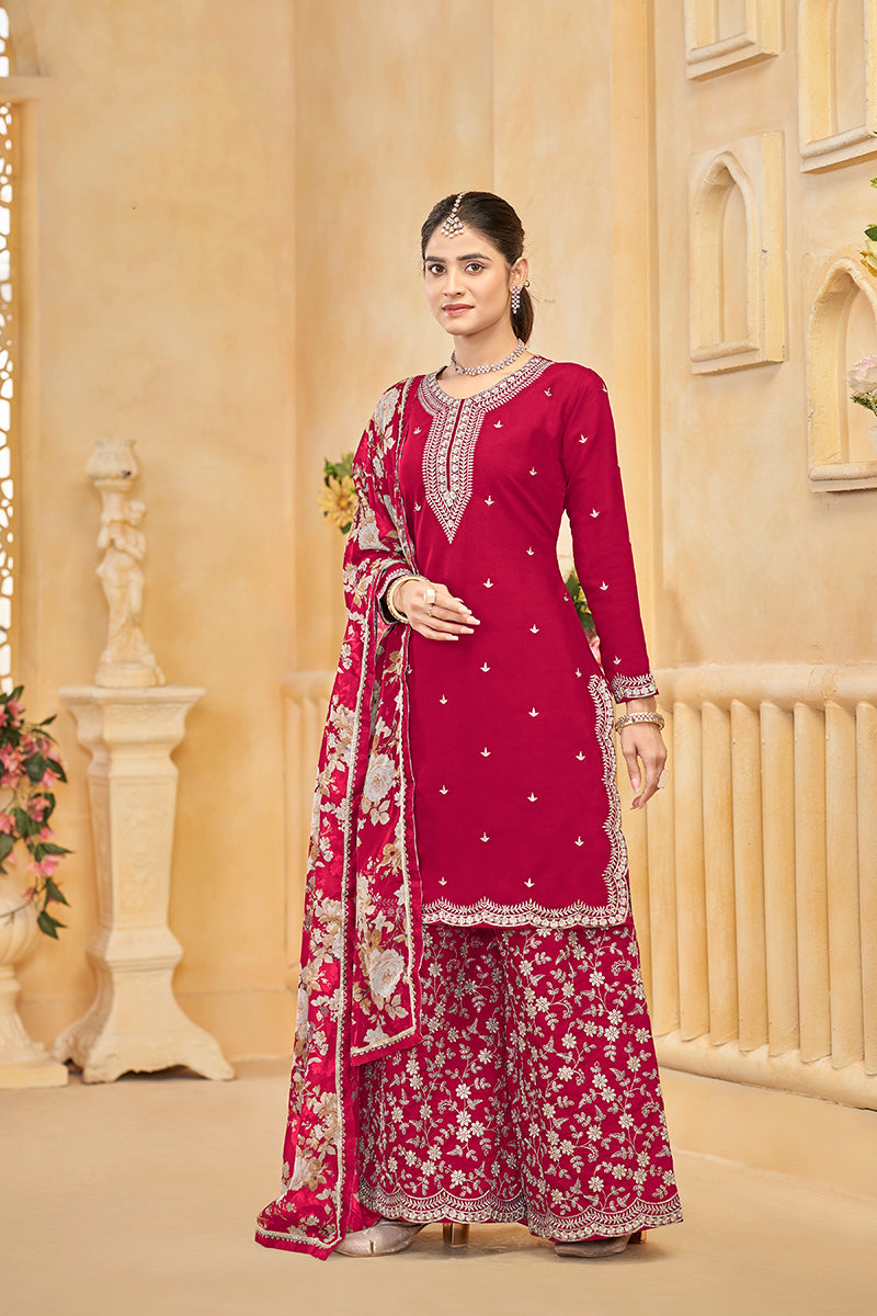 Hot Pink Roman Silk Trendy Palazzo Suit With Heavy Dupatta