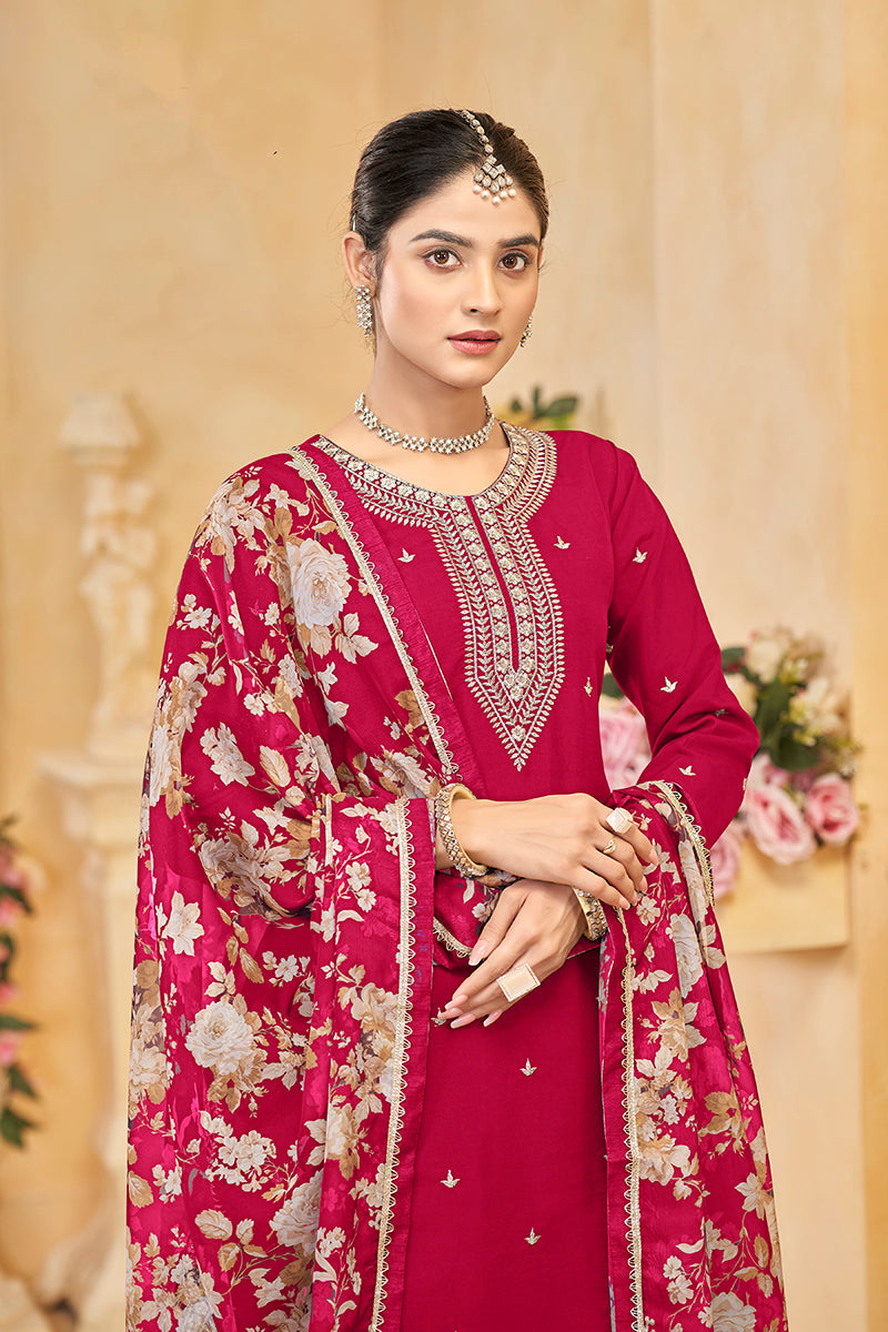 Hot Pink Roman Silk Trendy Palazzo Suit With Heavy Dupatta