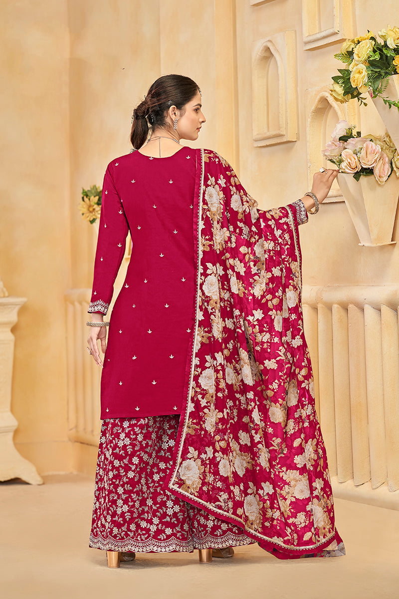 Hot Pink Roman Silk Trendy Palazzo Suit With Heavy Dupatta