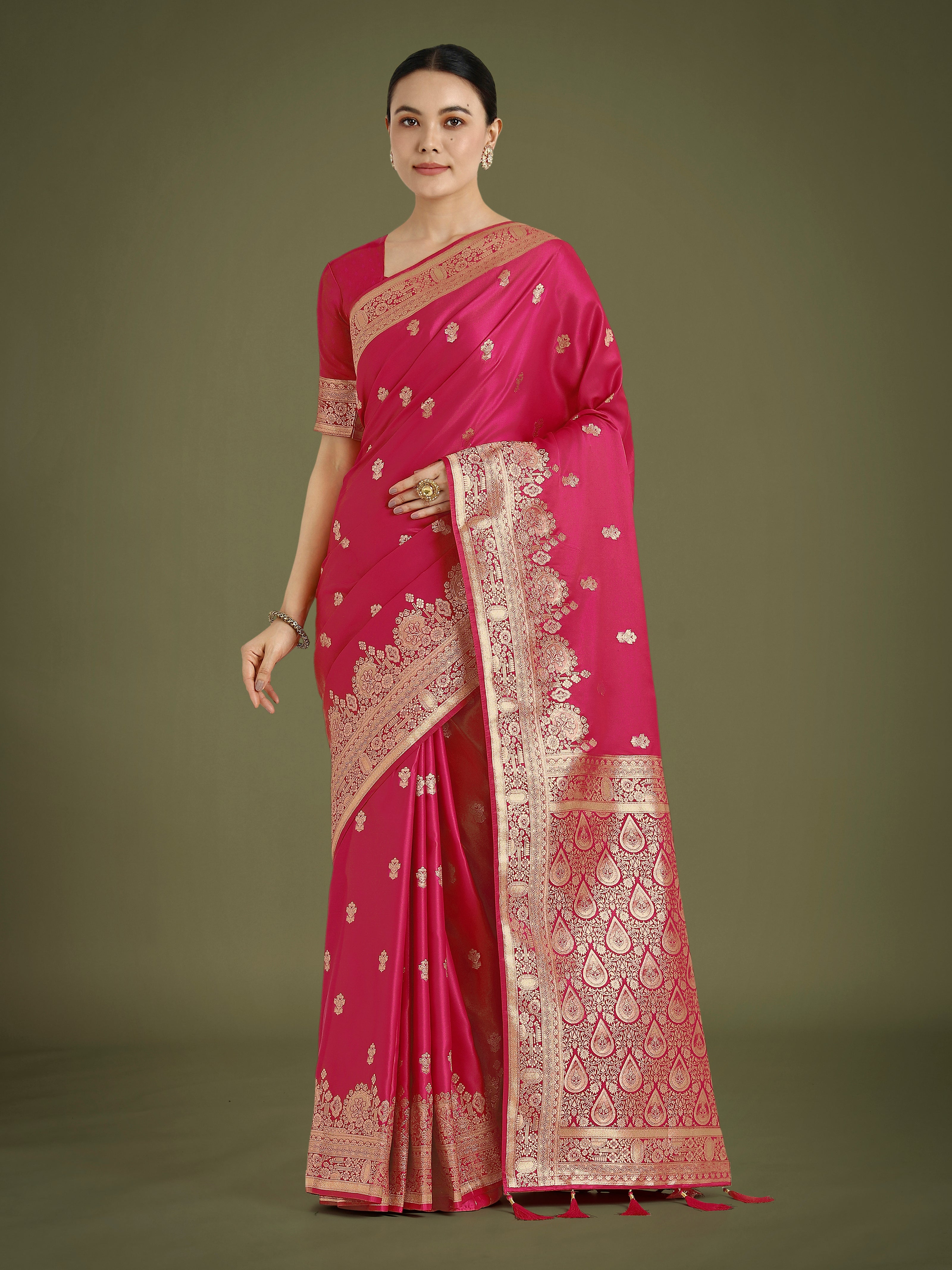 Hot Pink With Gold Bordar Banarasi Woven Satin Saree