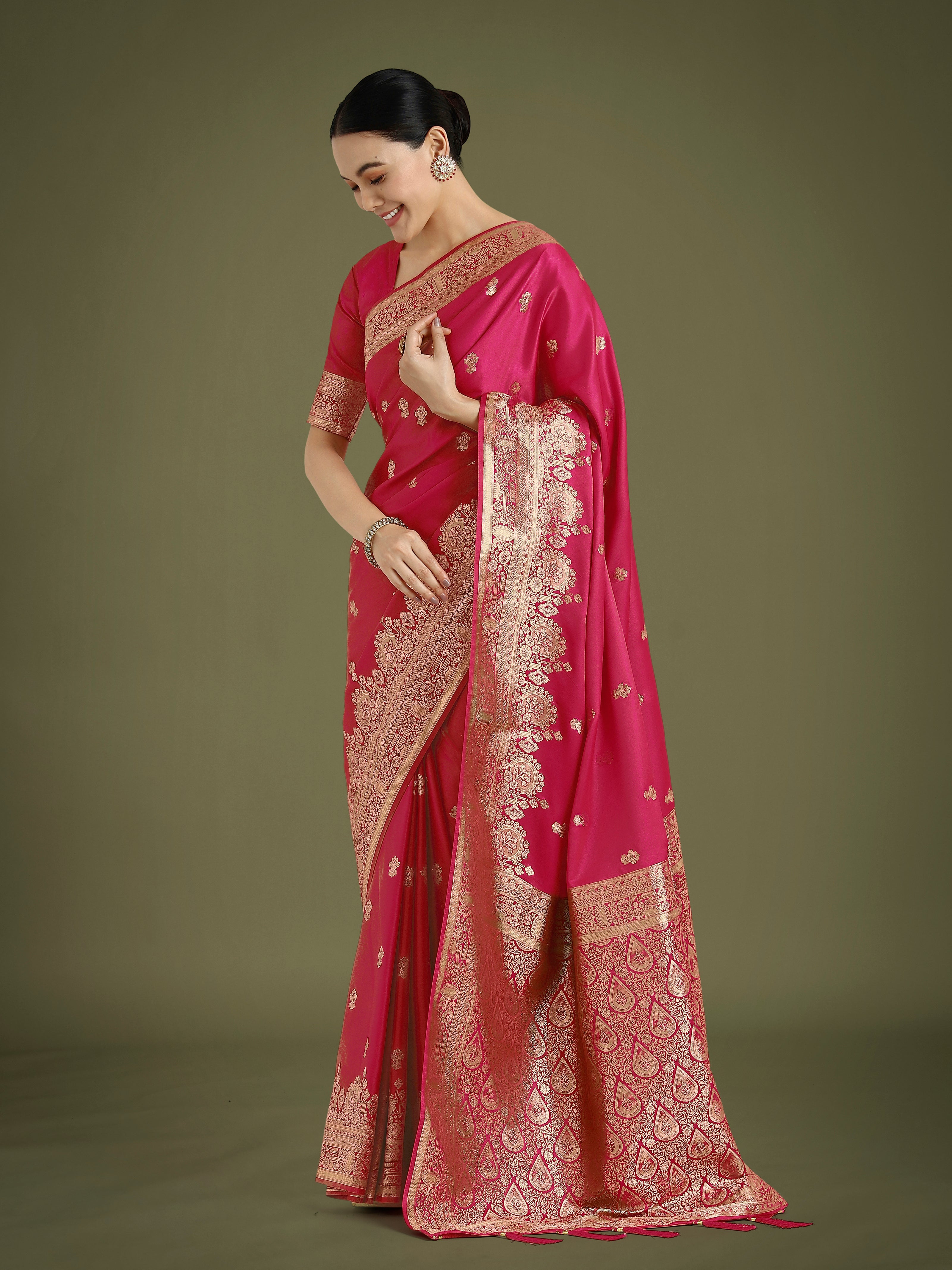 Hot Pink With Gold Bordar Banarasi Woven Satin Saree