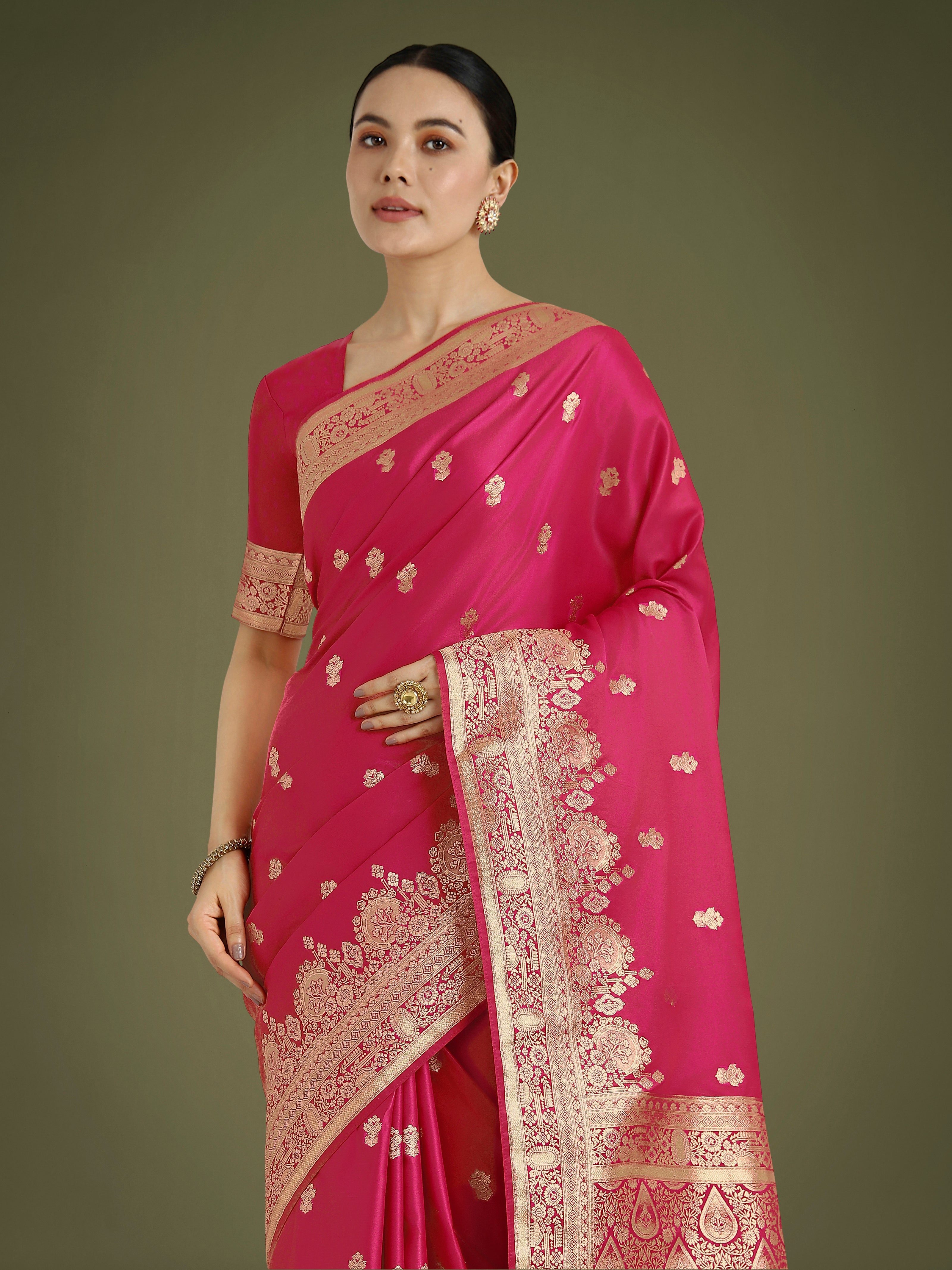 Hot Pink With Gold Bordar Banarasi Woven Satin Saree
