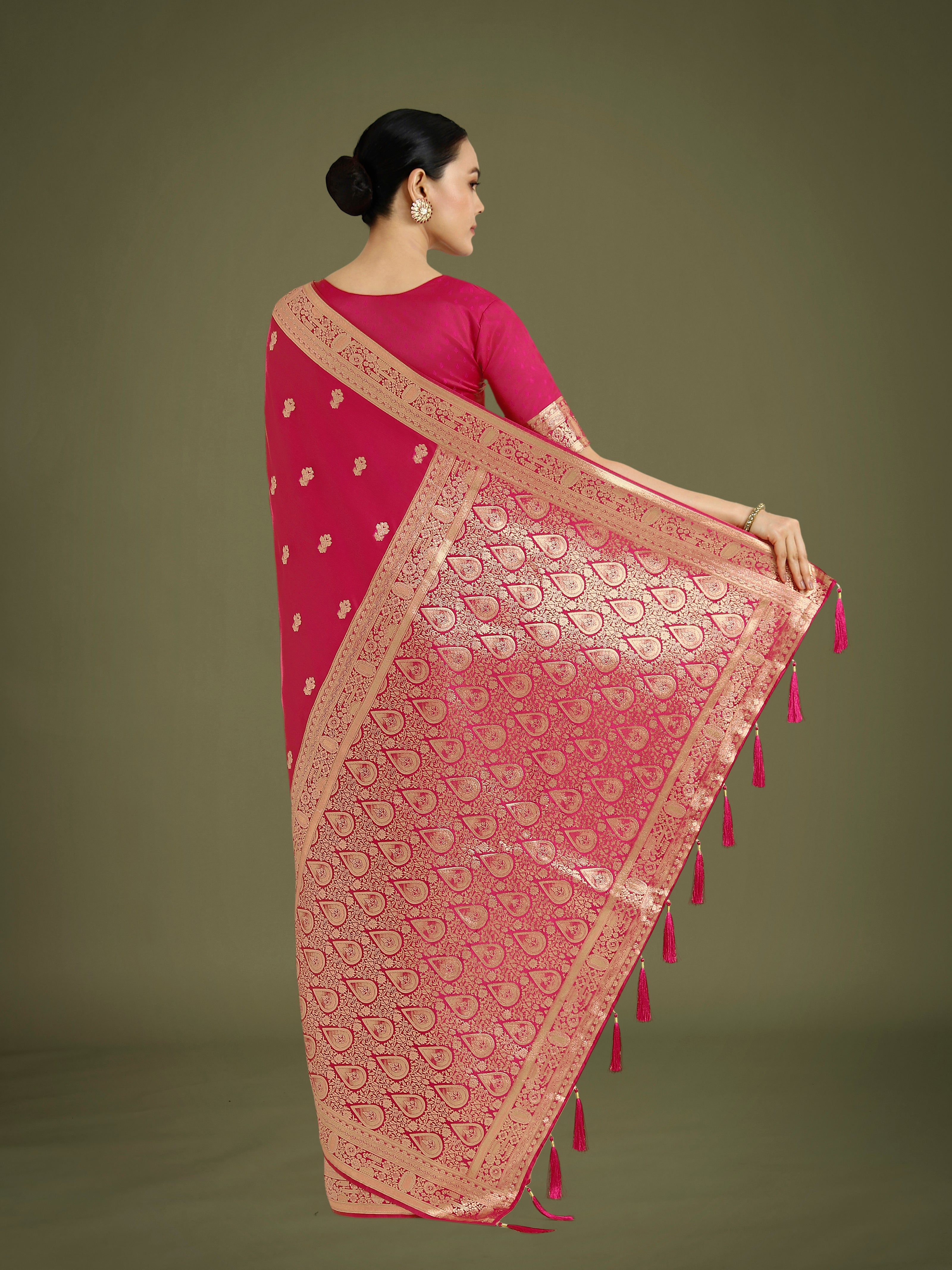 Hot Pink With Gold Bordar Banarasi Woven Satin Saree