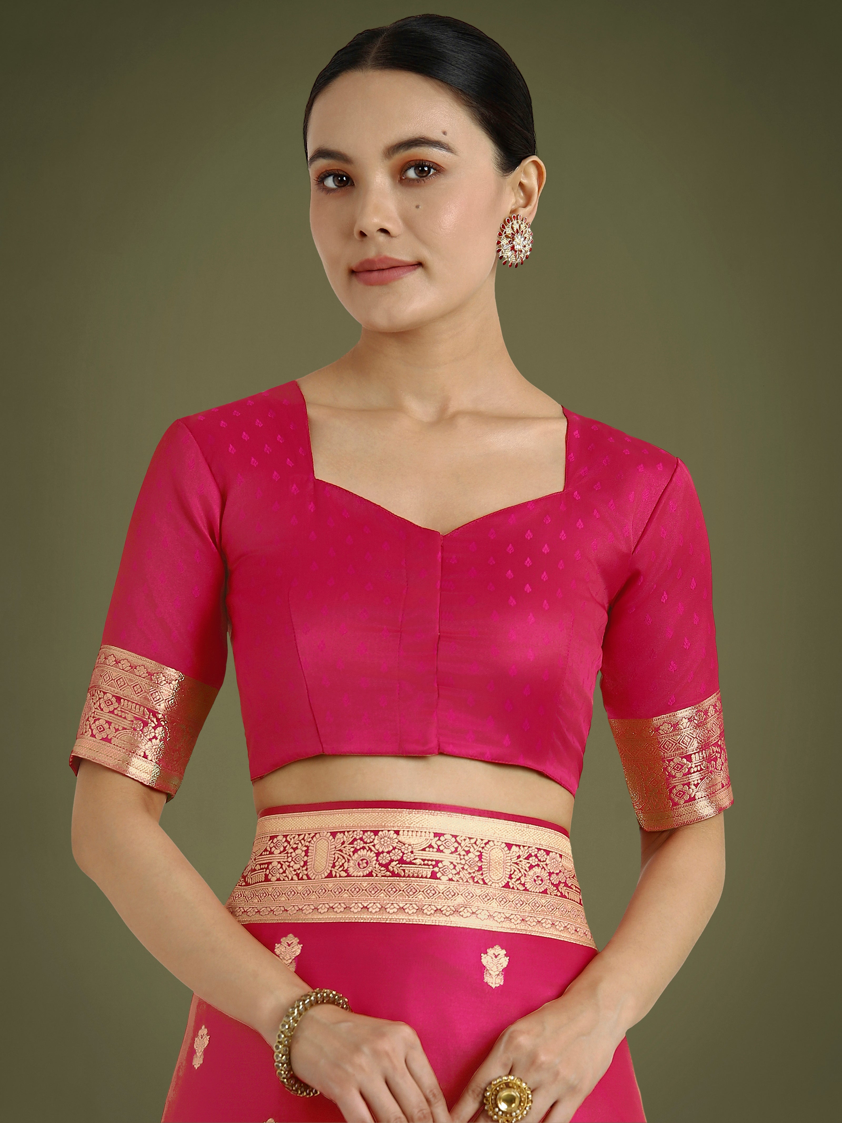 Hot Pink With Gold Bordar Banarasi Woven Satin Saree