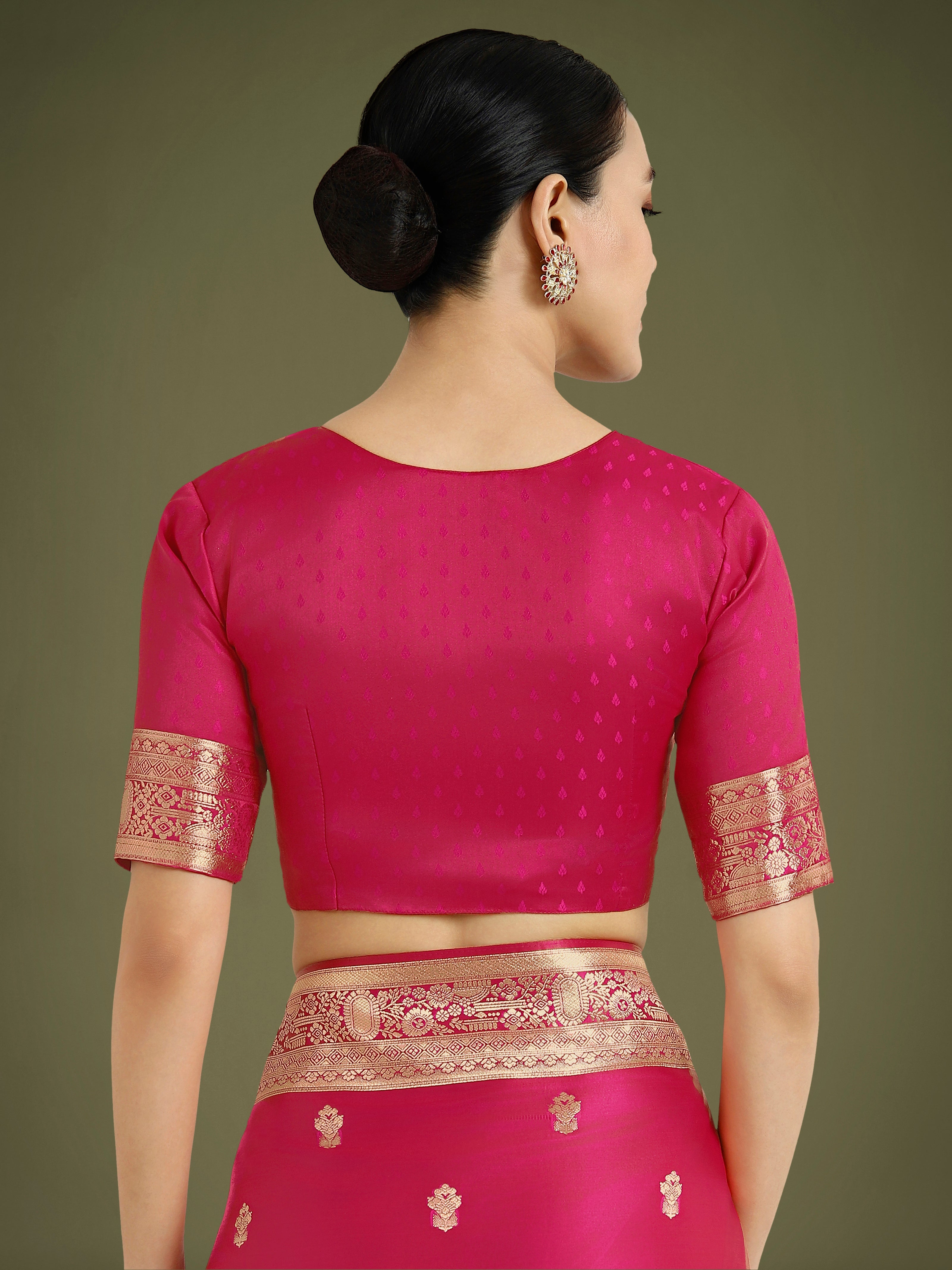 Hot Pink With Gold Bordar Banarasi Woven Satin Saree