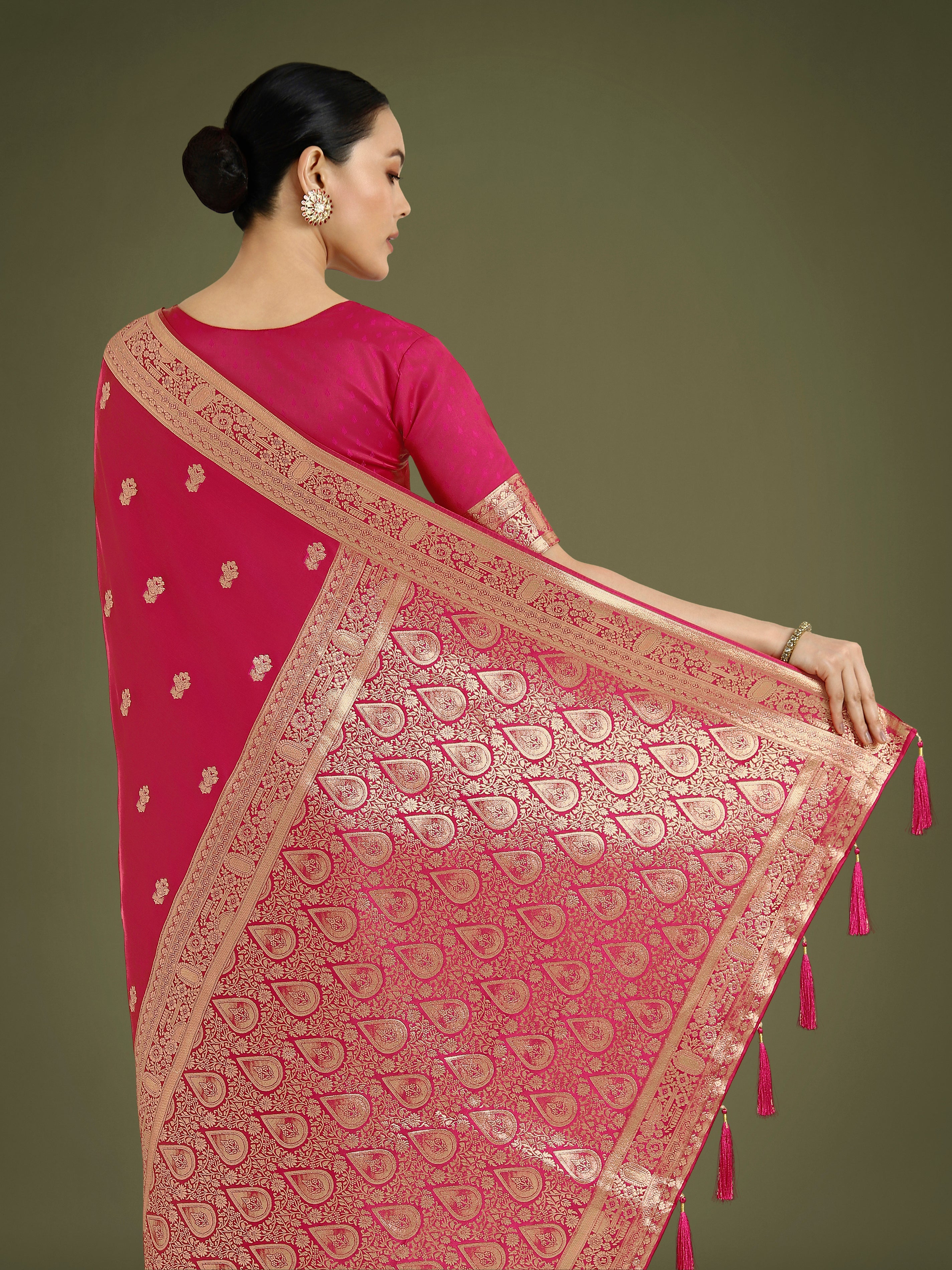 Hot Pink With Gold Bordar Banarasi Woven Satin Saree