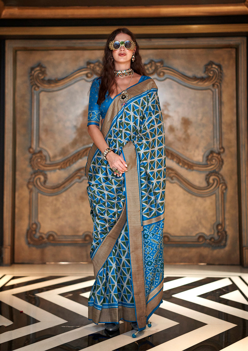 Ikkat Signature Print Silk Festival Saree in Turquoise