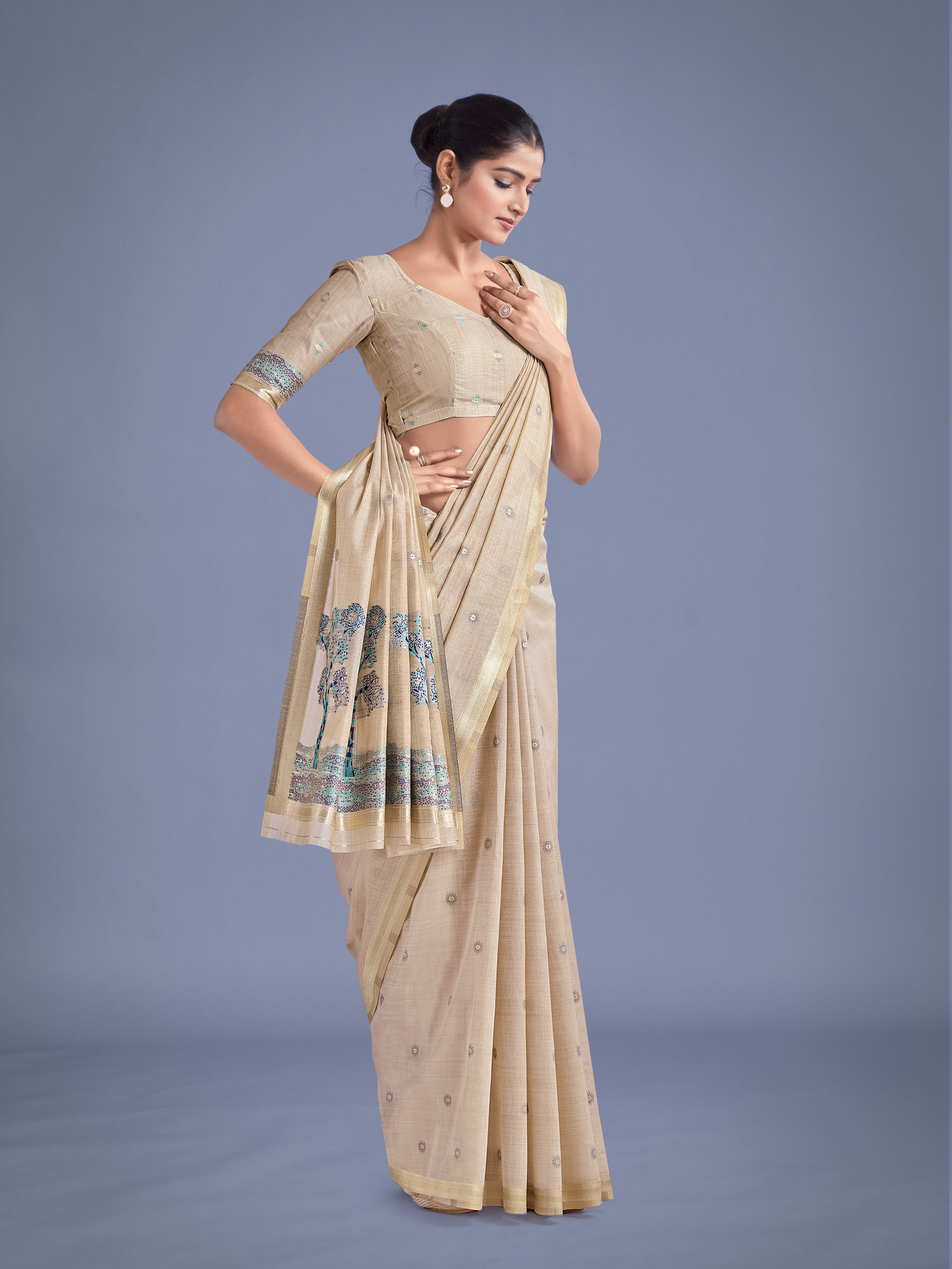 Imaginative Beige & Blue Woven Butti Pattern Cotton Silk Saree