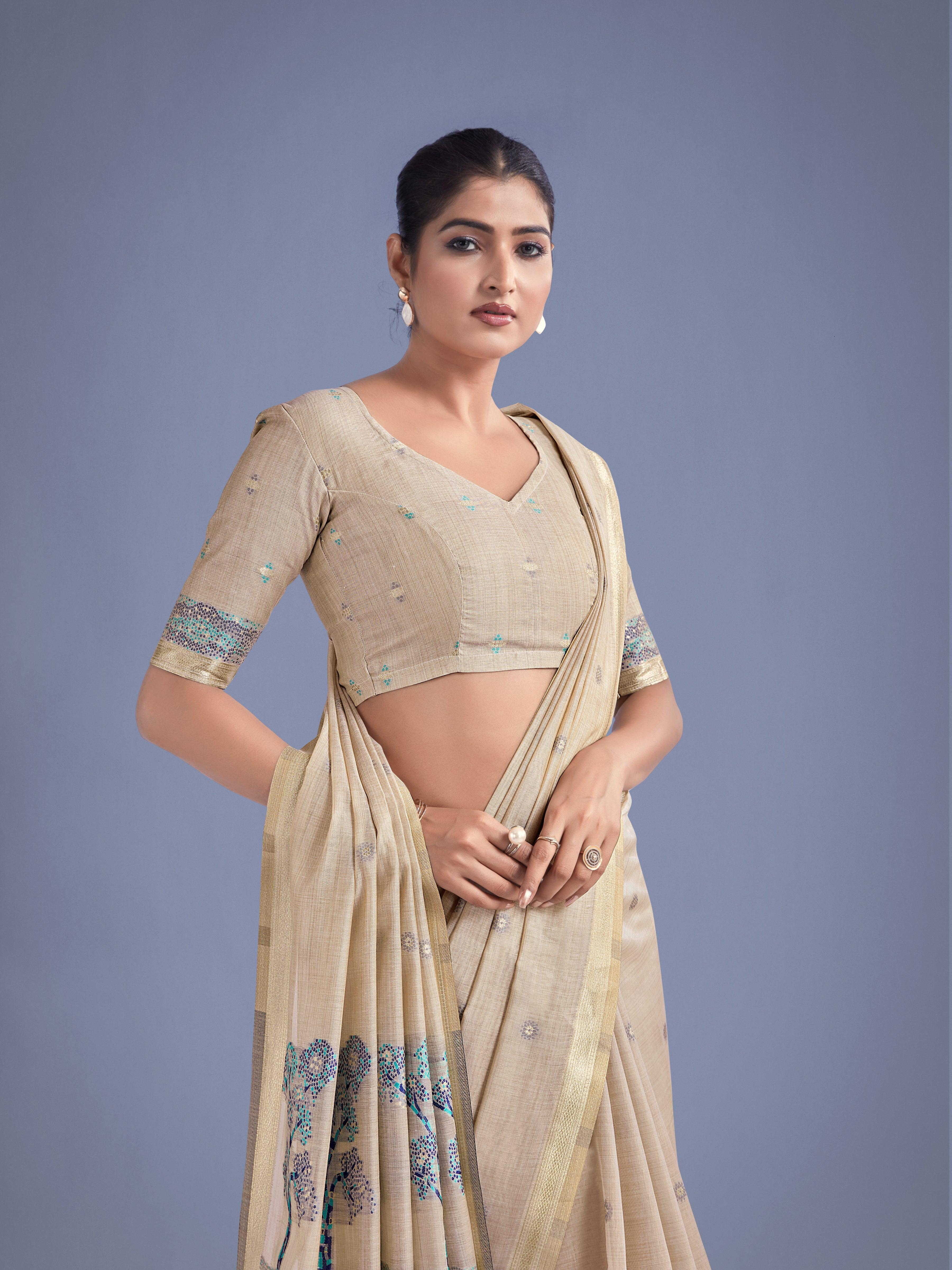 Imaginative Beige & Blue Woven Butti Pattern Cotton Silk Saree