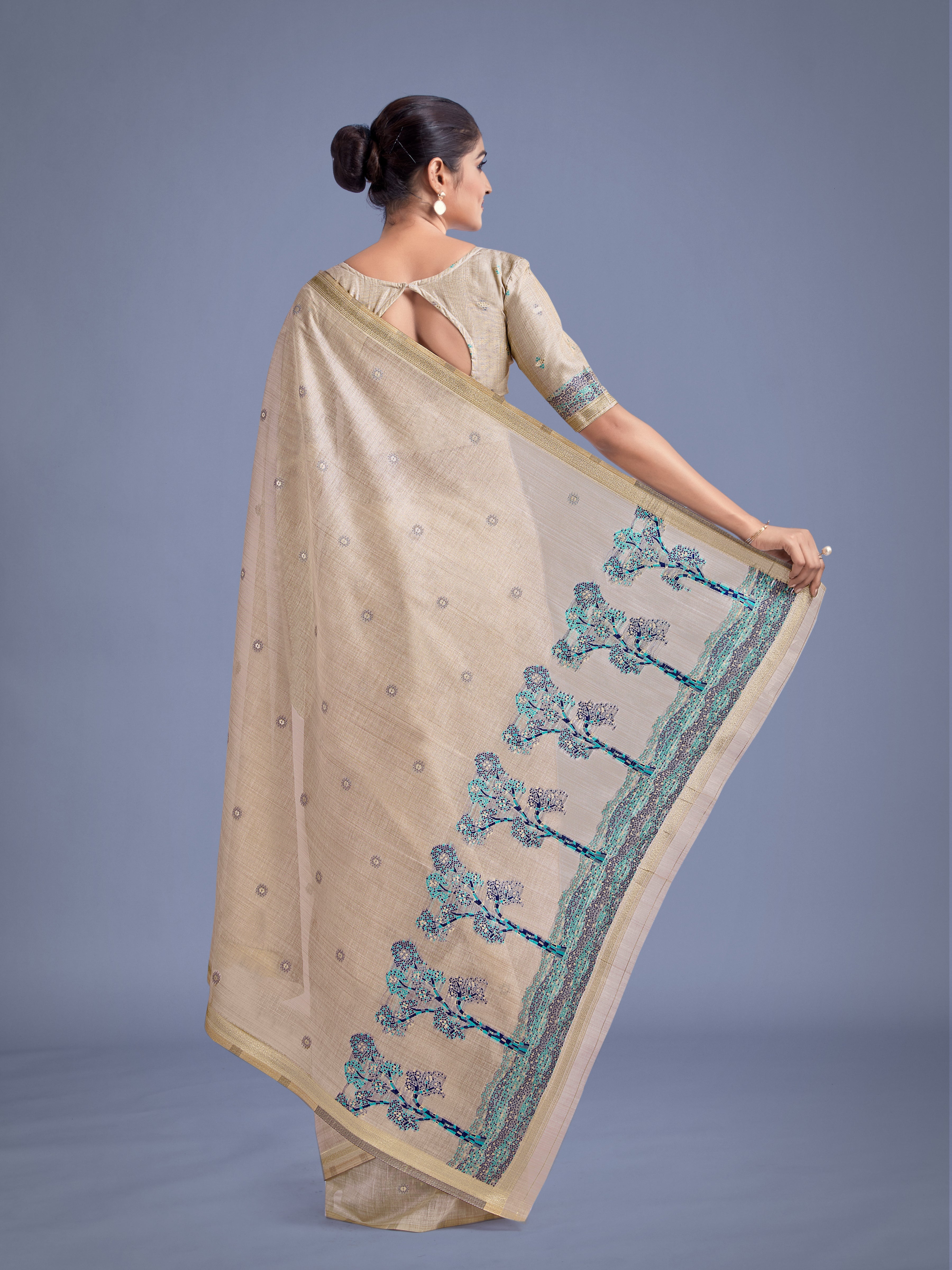 Imaginative Beige & Blue Woven Butti Pattern Cotton Silk Saree
