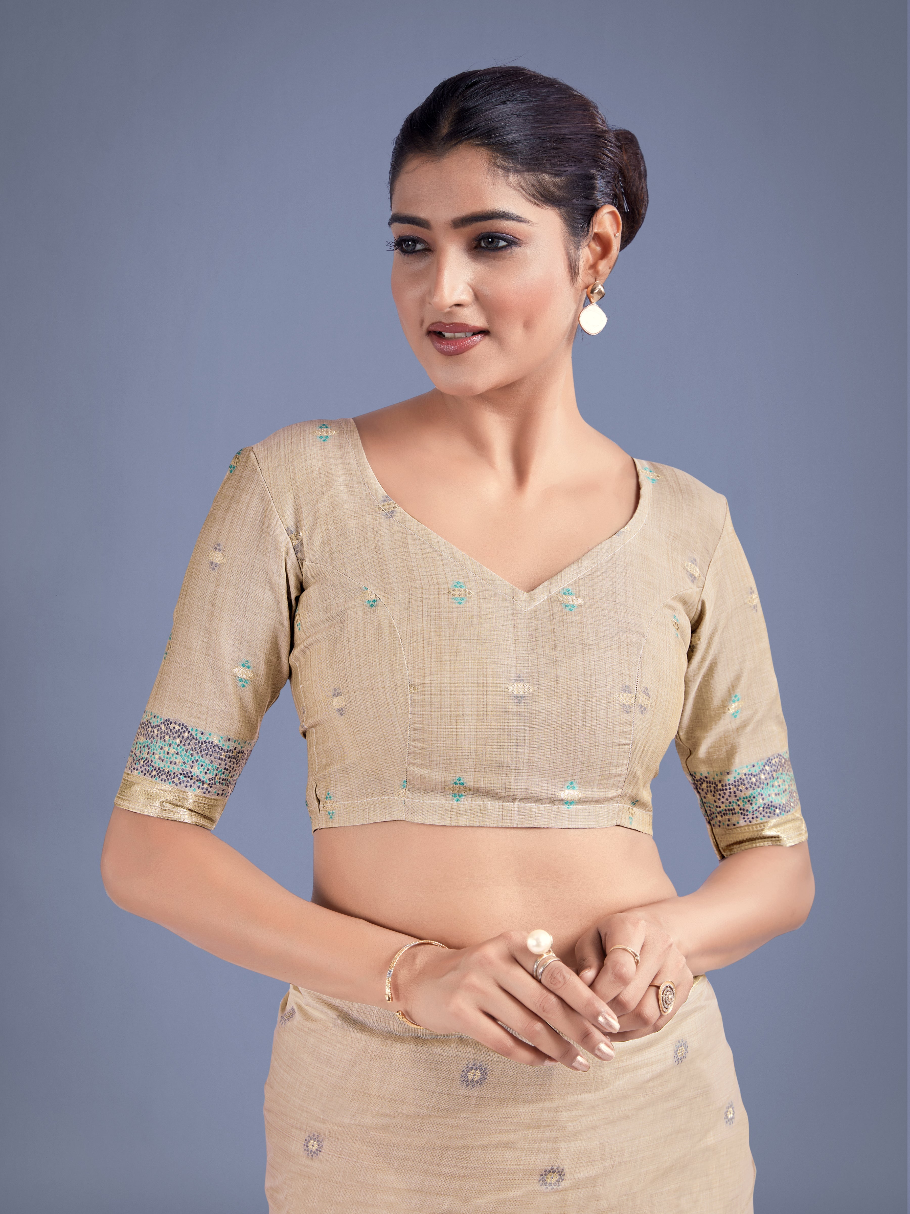 Imaginative Beige & Blue Woven Butti Pattern Cotton Silk Saree