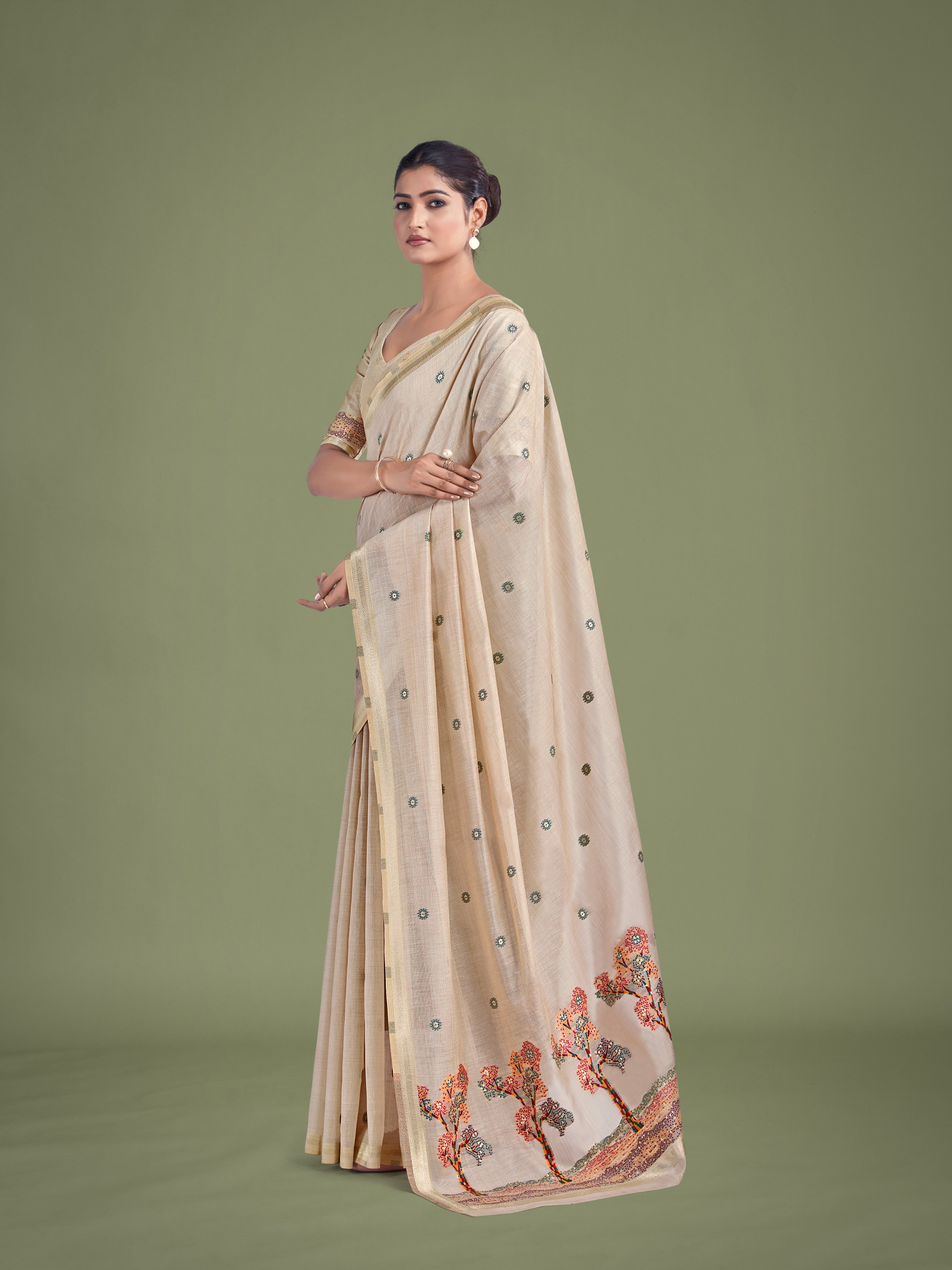 Imaginative Beige & Maroon Woven Butti Pattern Cotton Silk Saree