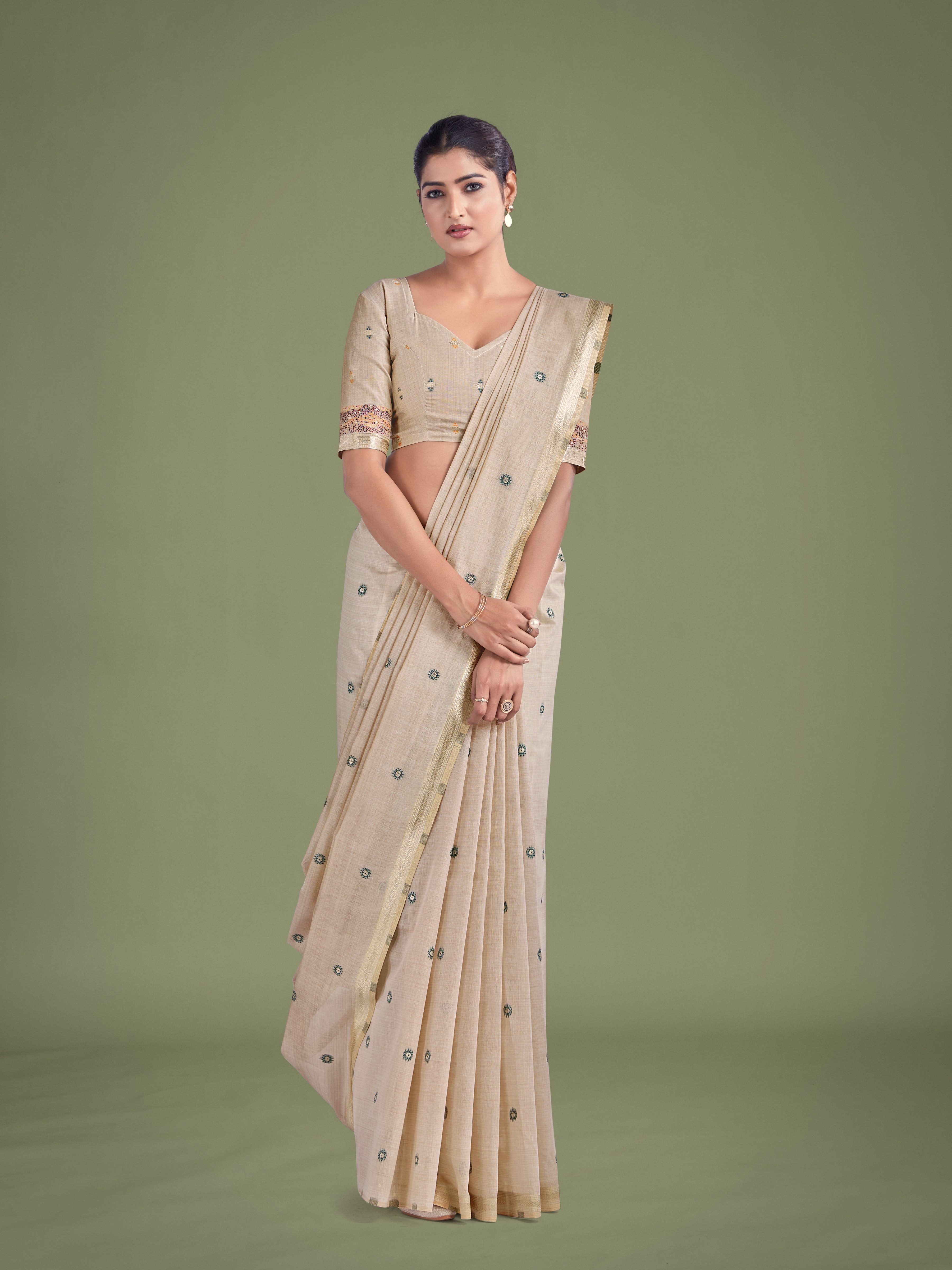 Imaginative Beige & Maroon Woven Butti Pattern Cotton Silk Saree