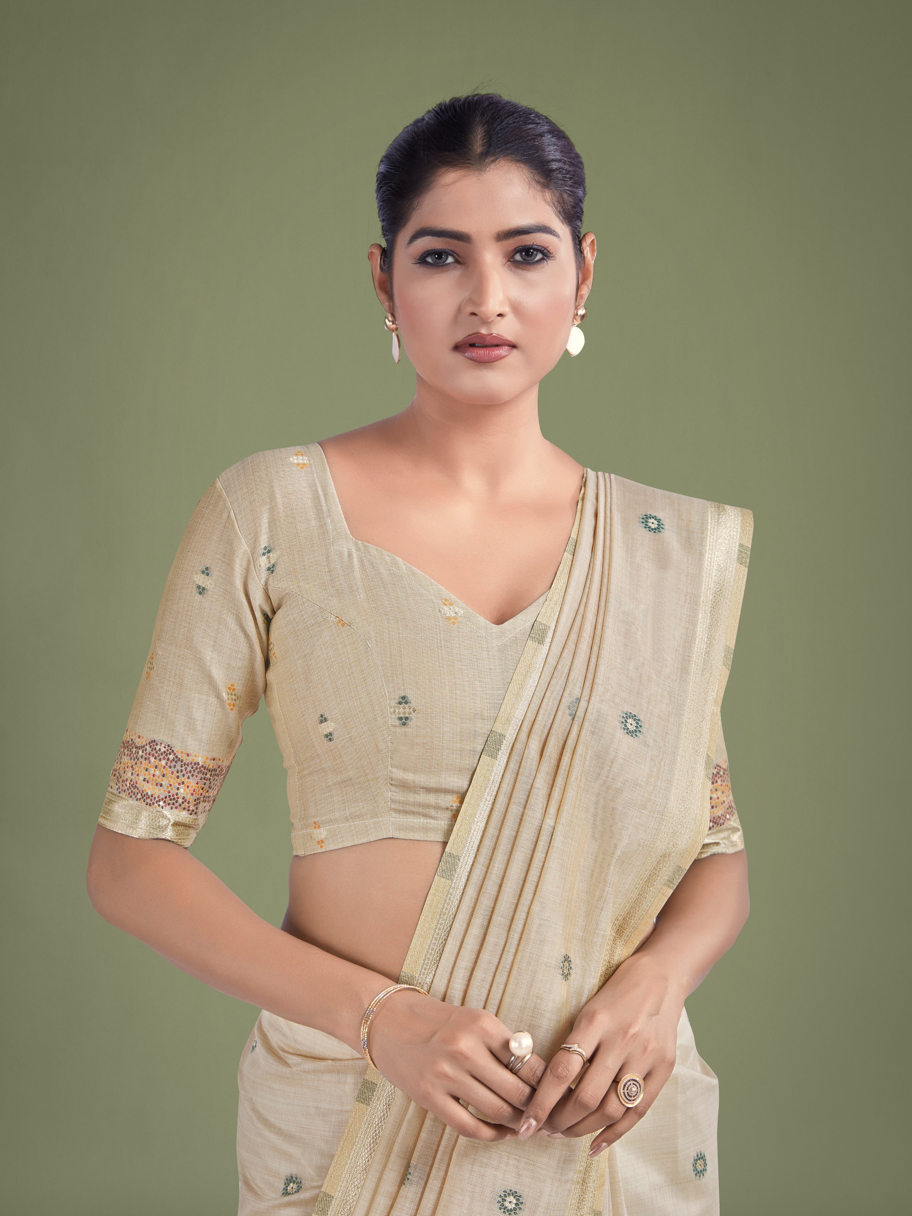 Imaginative Beige & Maroon Woven Butti Pattern Cotton Silk Saree