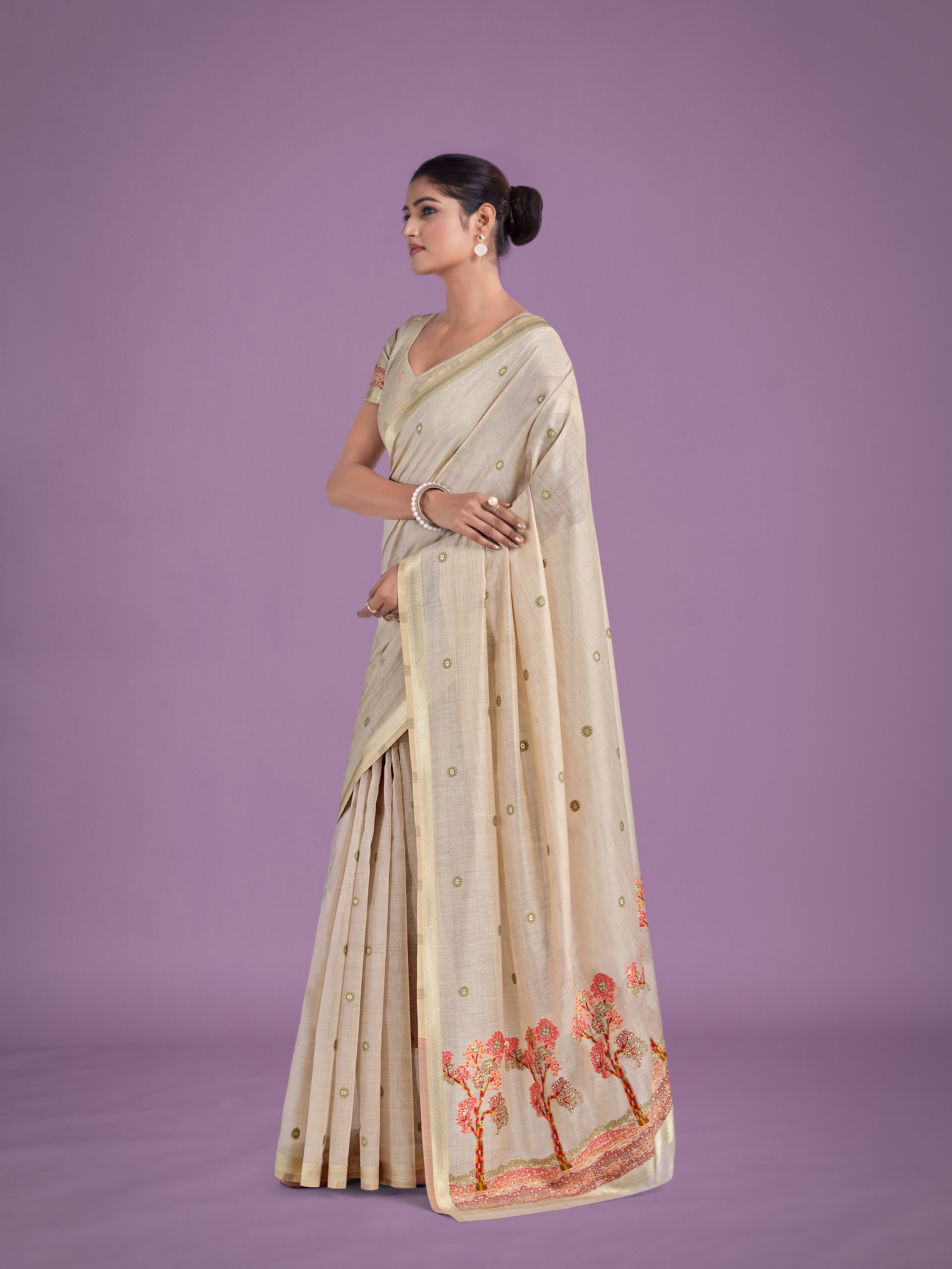 Imaginative Beige & Red Woven Butti Pattern Cotton Silk Saree