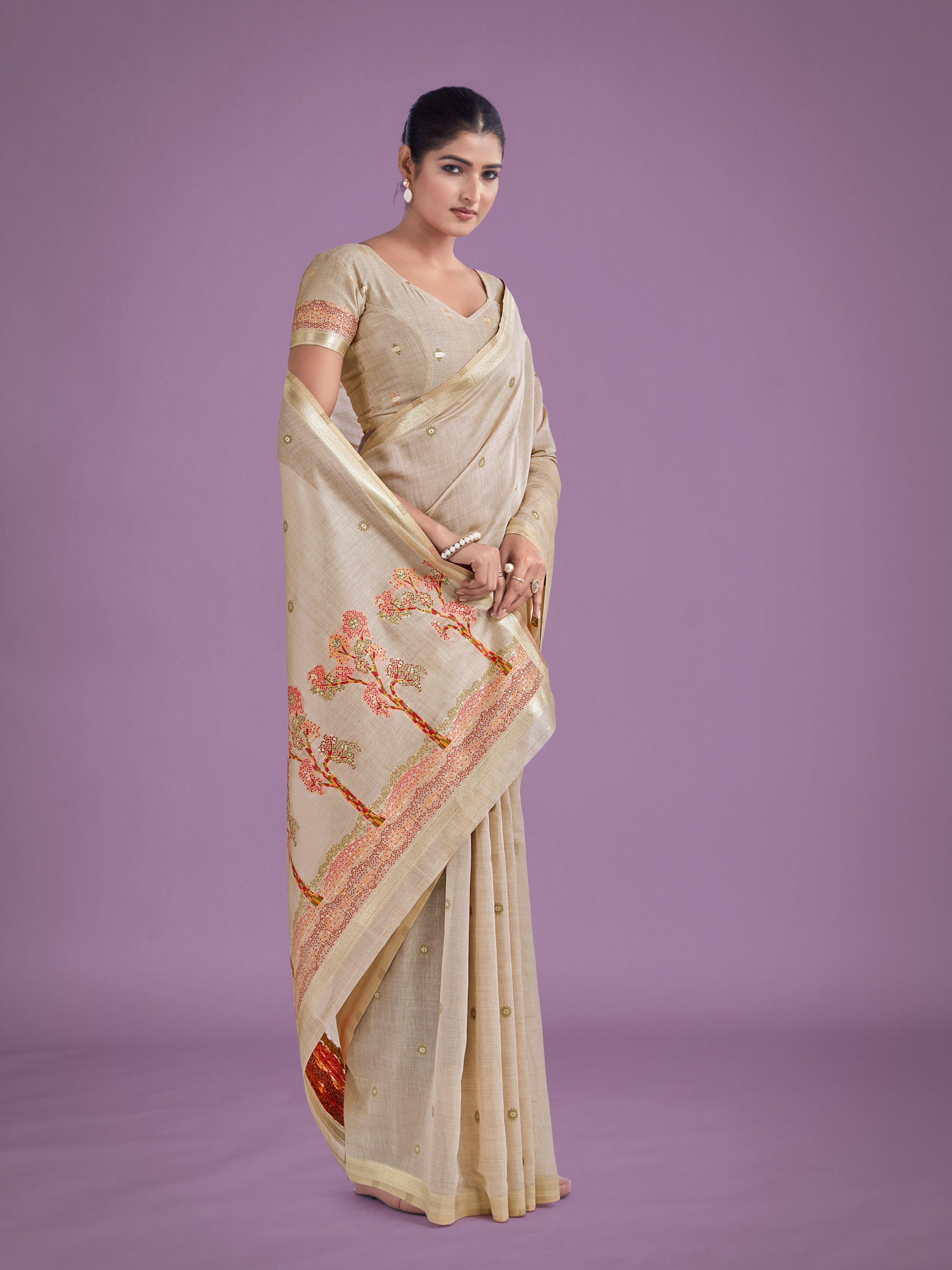 Imaginative Beige & Red Woven Butti Pattern Cotton Silk Saree