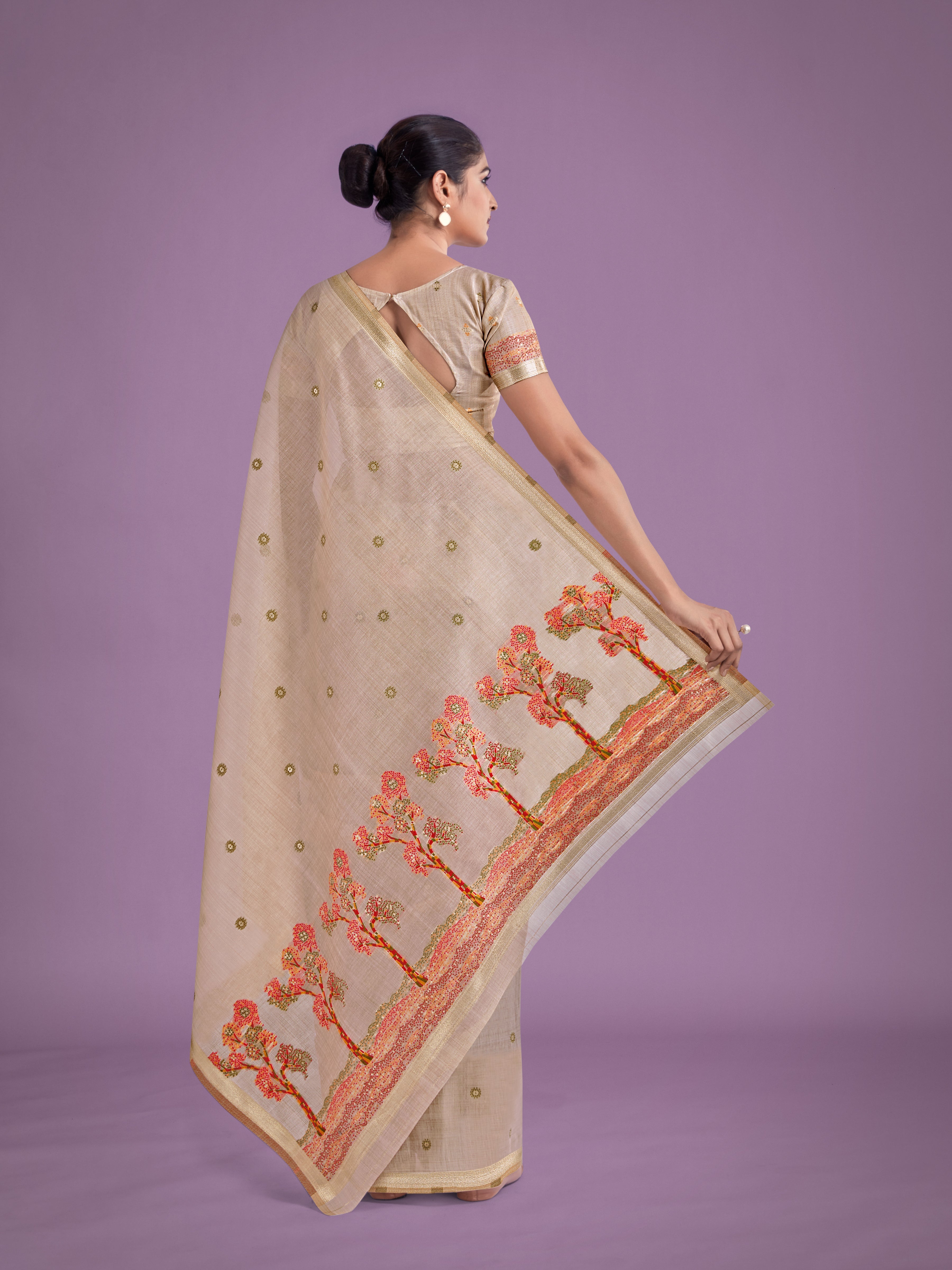 Imaginative Beige & Red Woven Butti Pattern Cotton Silk Saree