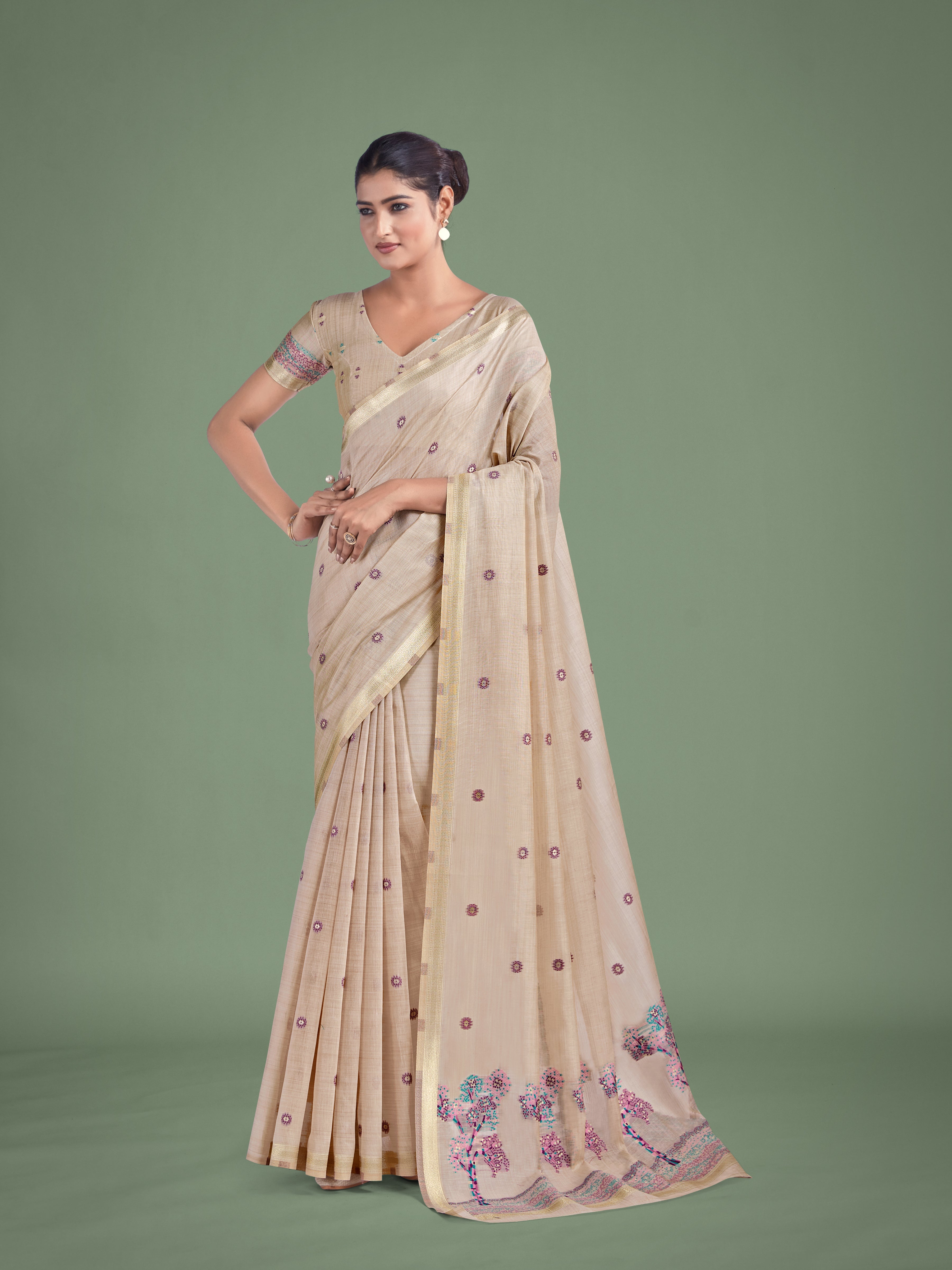 Imaginative Beige & Pink Woven Butti Pattern Cotton Silk Saree