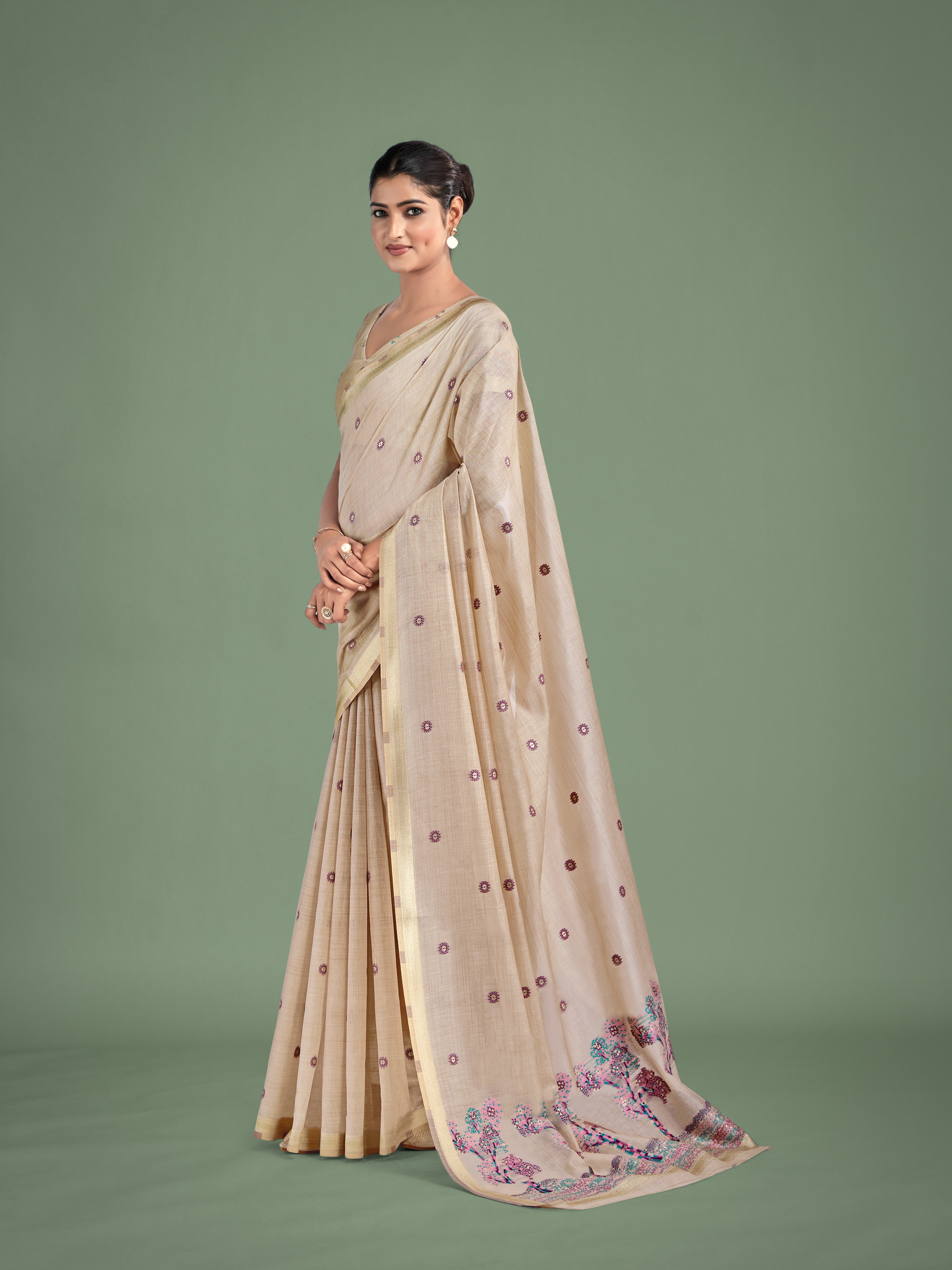 Imaginative Beige & Pink Woven Butti Pattern Cotton Silk Saree