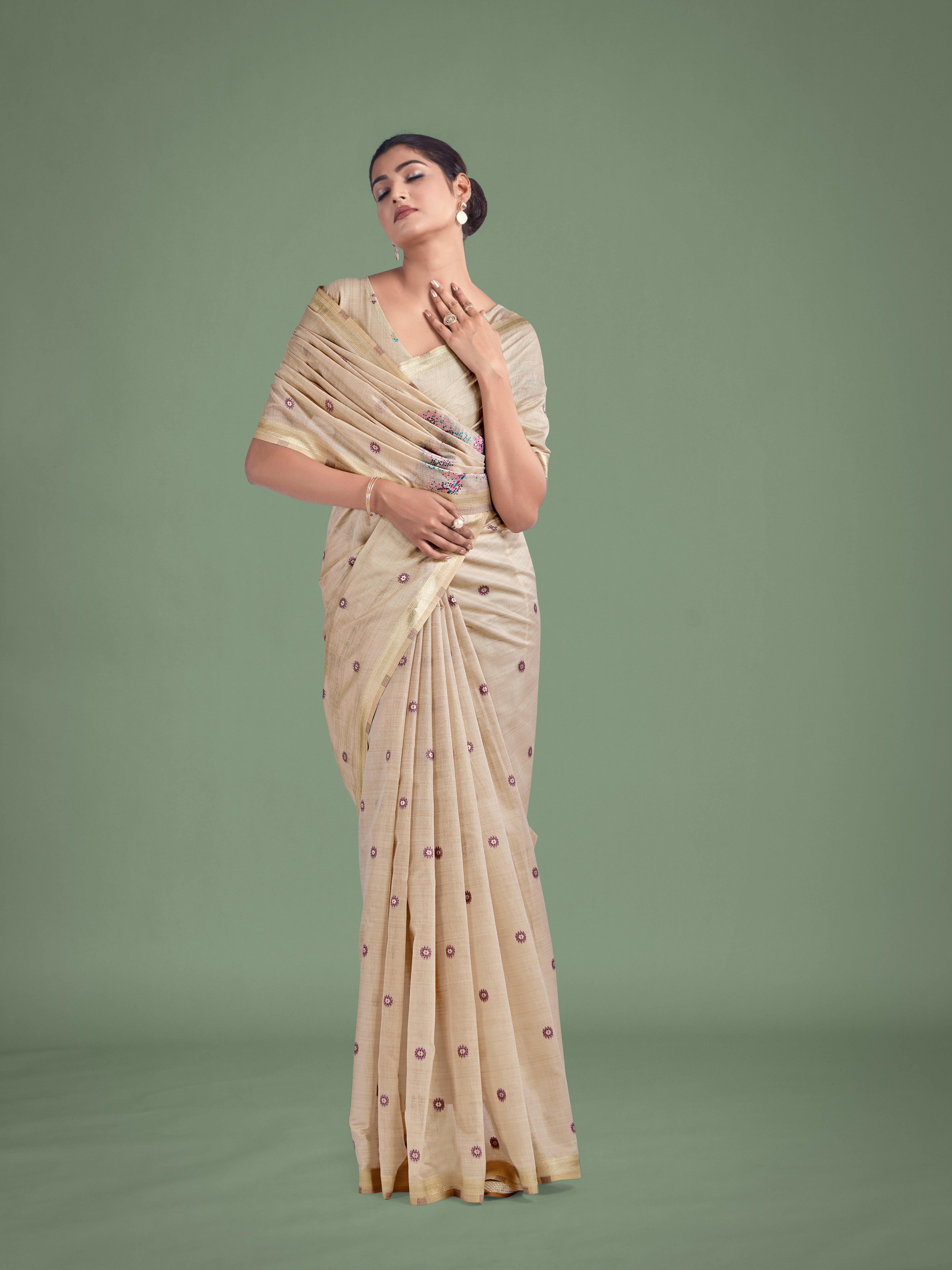 Imaginative Beige & Pink Woven Butti Pattern Cotton Silk Saree