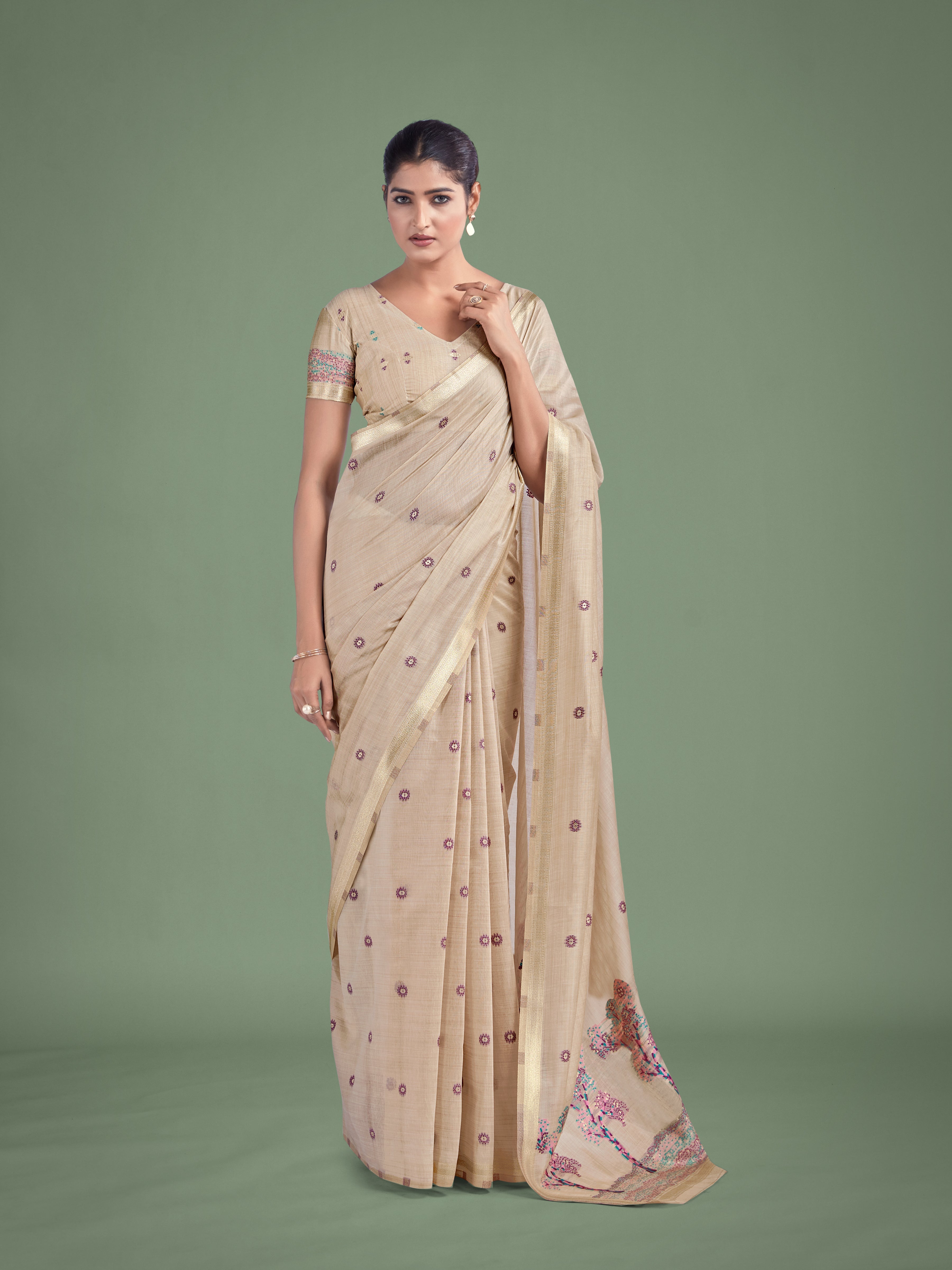 Imaginative Beige & Pink Woven Butti Pattern Cotton Silk Saree