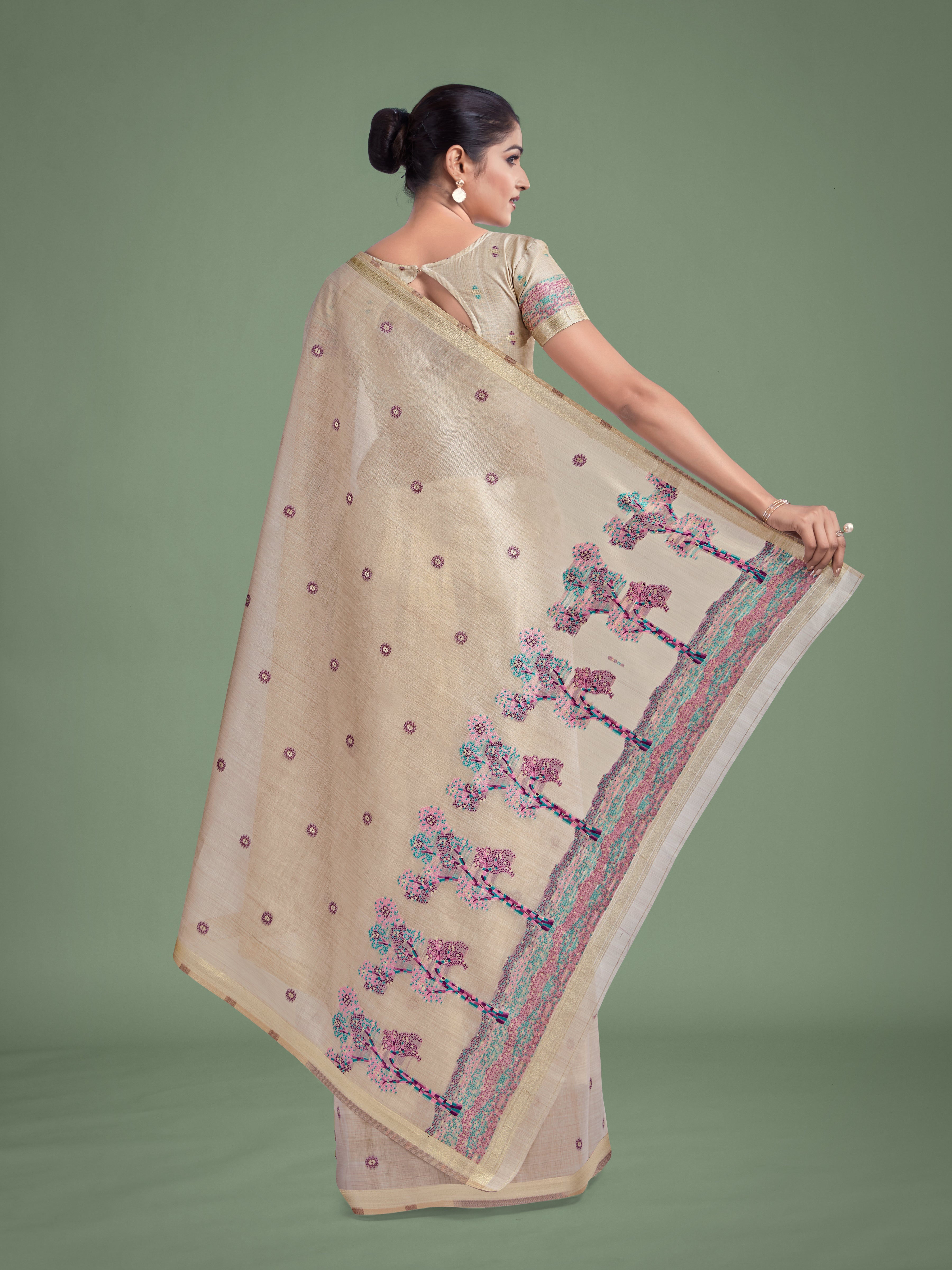 Imaginative Beige & Pink Woven Butti Pattern Cotton Silk Saree