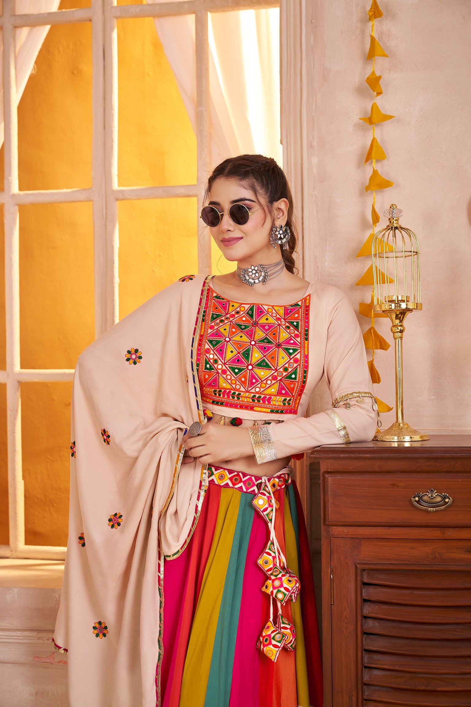 Viscose Cotton Navratri Readymade Lehenga Choli in Multi Color & Beige
