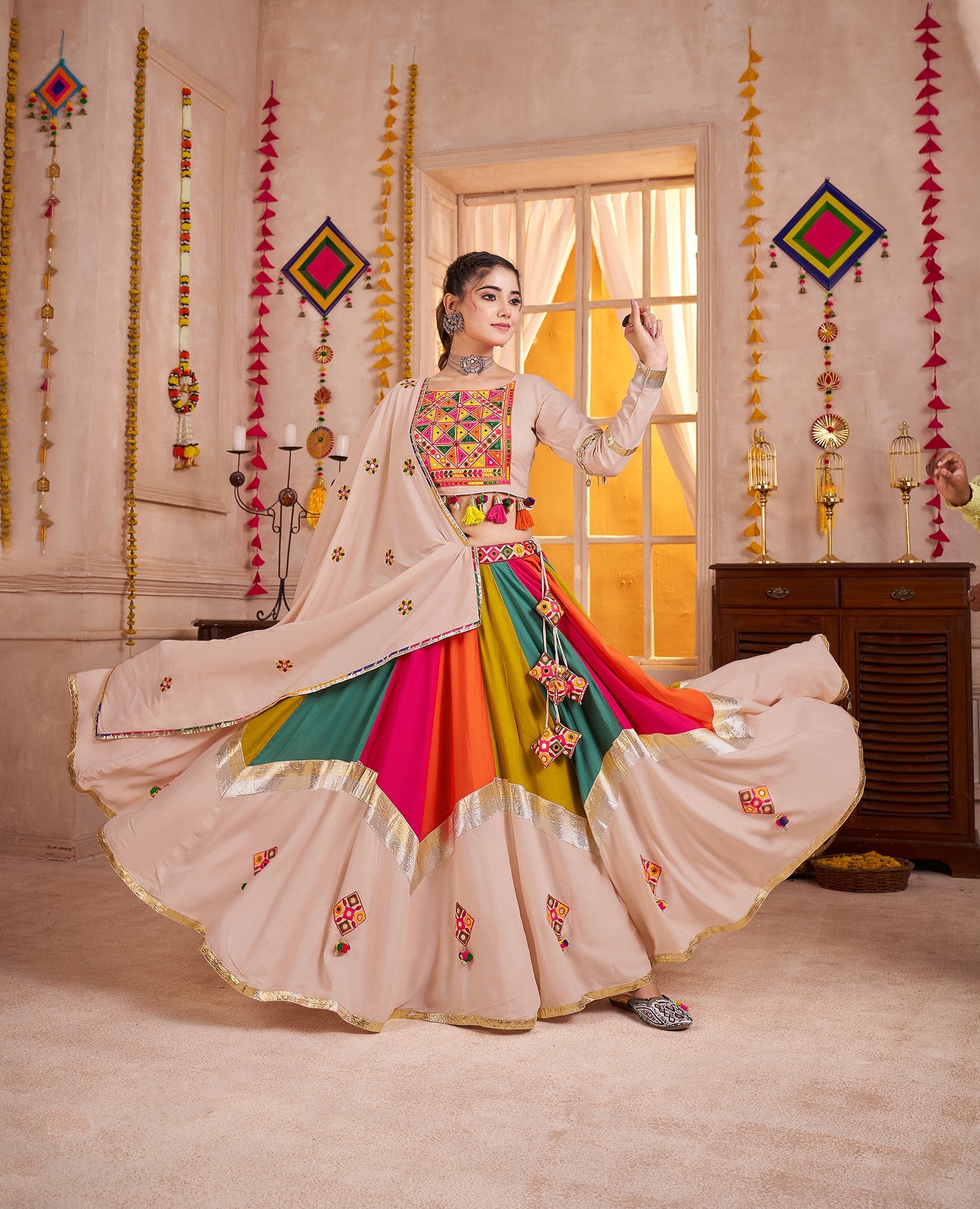 Viscose Cotton Navratri Readymade Lehenga Choli in Multi Color & Beige