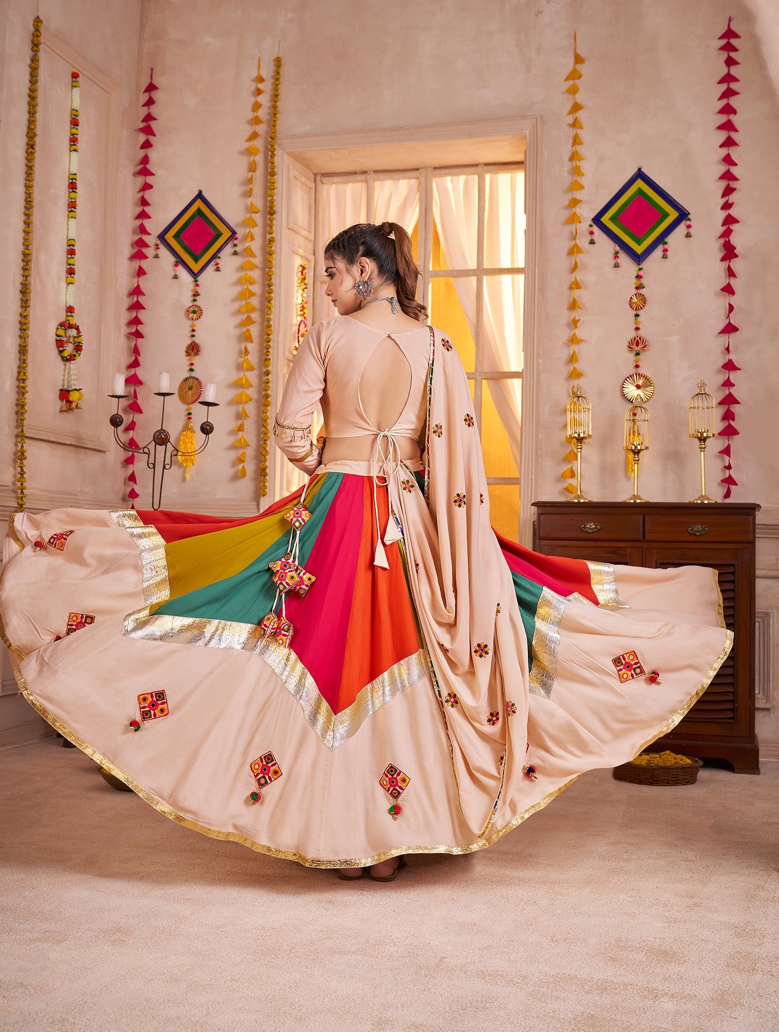 Viscose Cotton Navratri Readymade Lehenga Choli in Multi Color & Beige