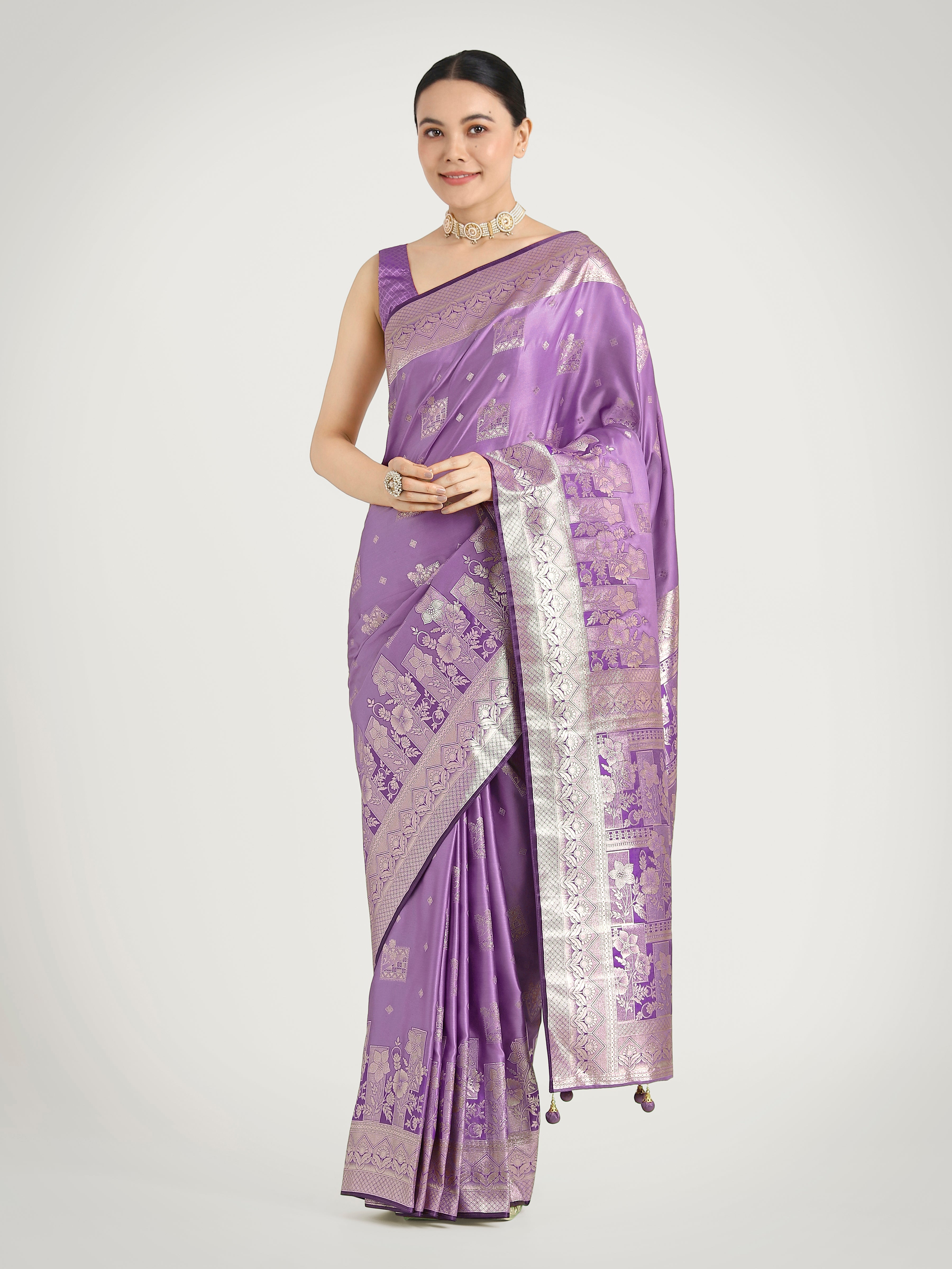 Lavender Banarasi Satin Silk Zari Weaving Festival Wear Saree