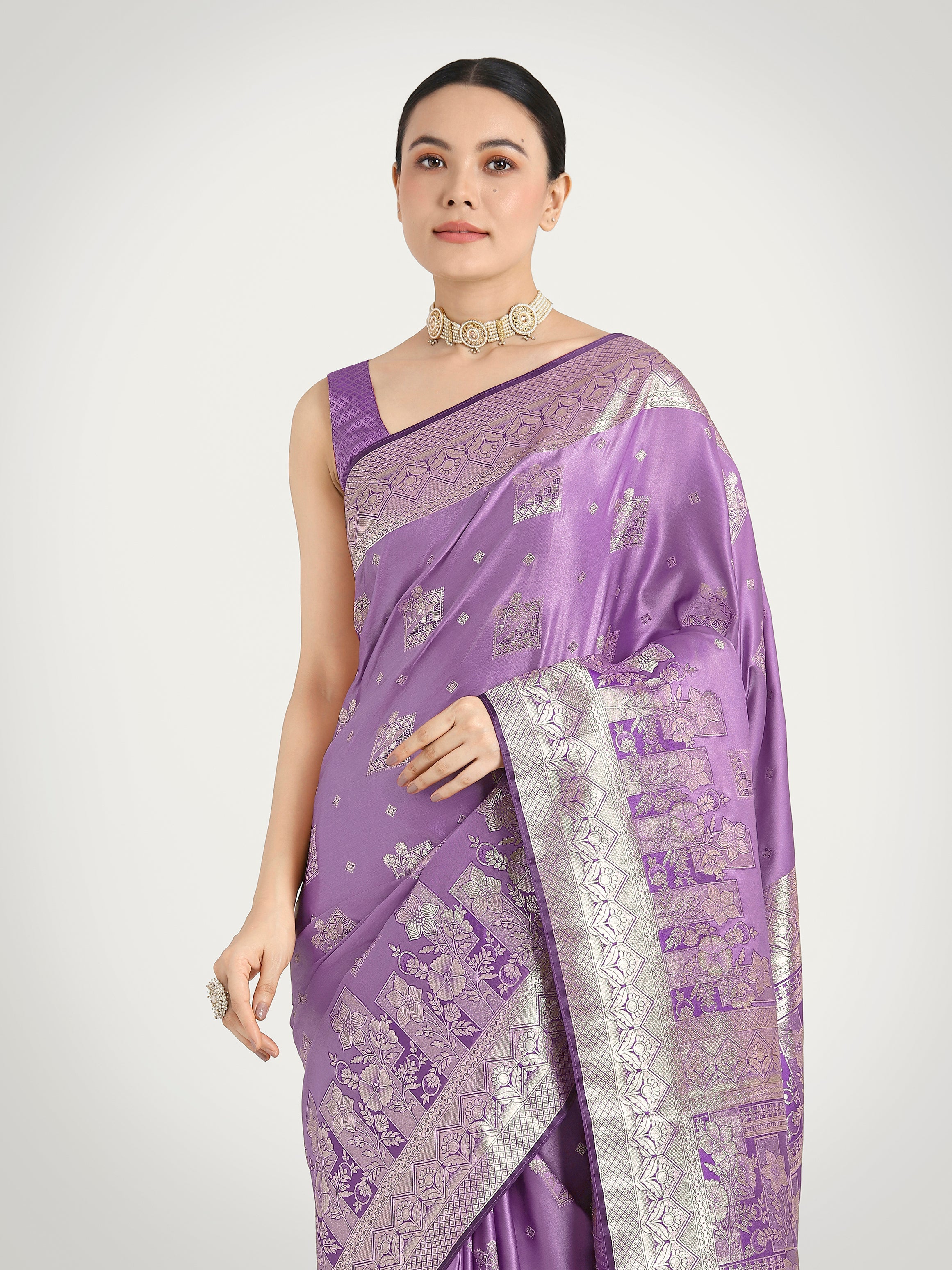 Lavender Banarasi Satin Silk Zari Weaving Festival Wear Saree