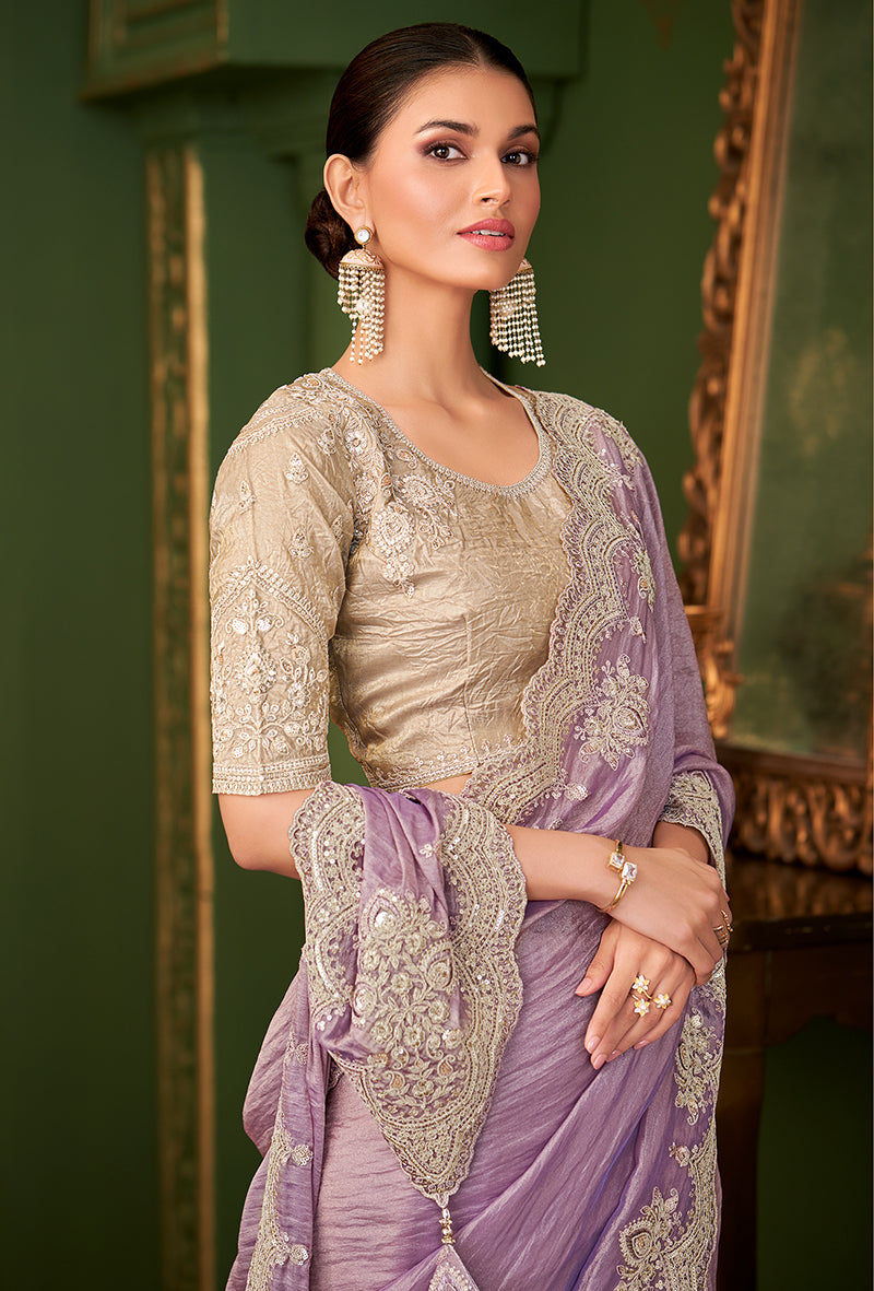 Lavender Color Viscose Georgette silk Saree With Heavy Work Blouse