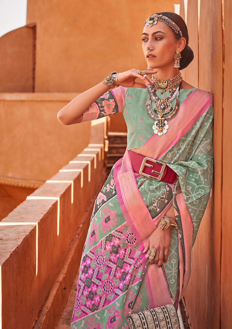 Sea Green Cotton Silk Foil Print Work Saree