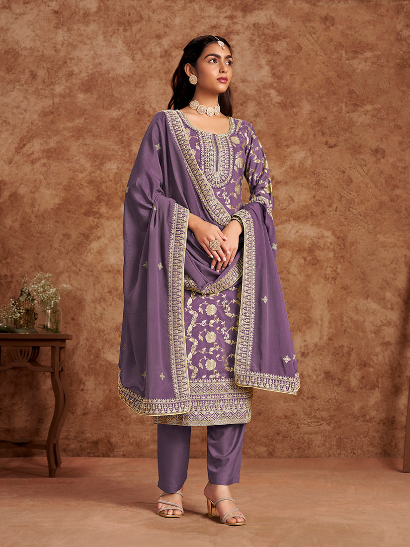 Lavender Dola Silk Jacquard Thread Work Trendy Kurta Pant Suit