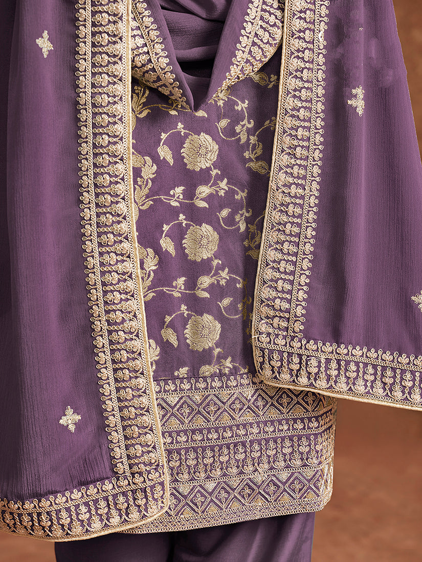 Lavender Dola Silk Jacquard Thread Work Trendy Kurta Pant Suit