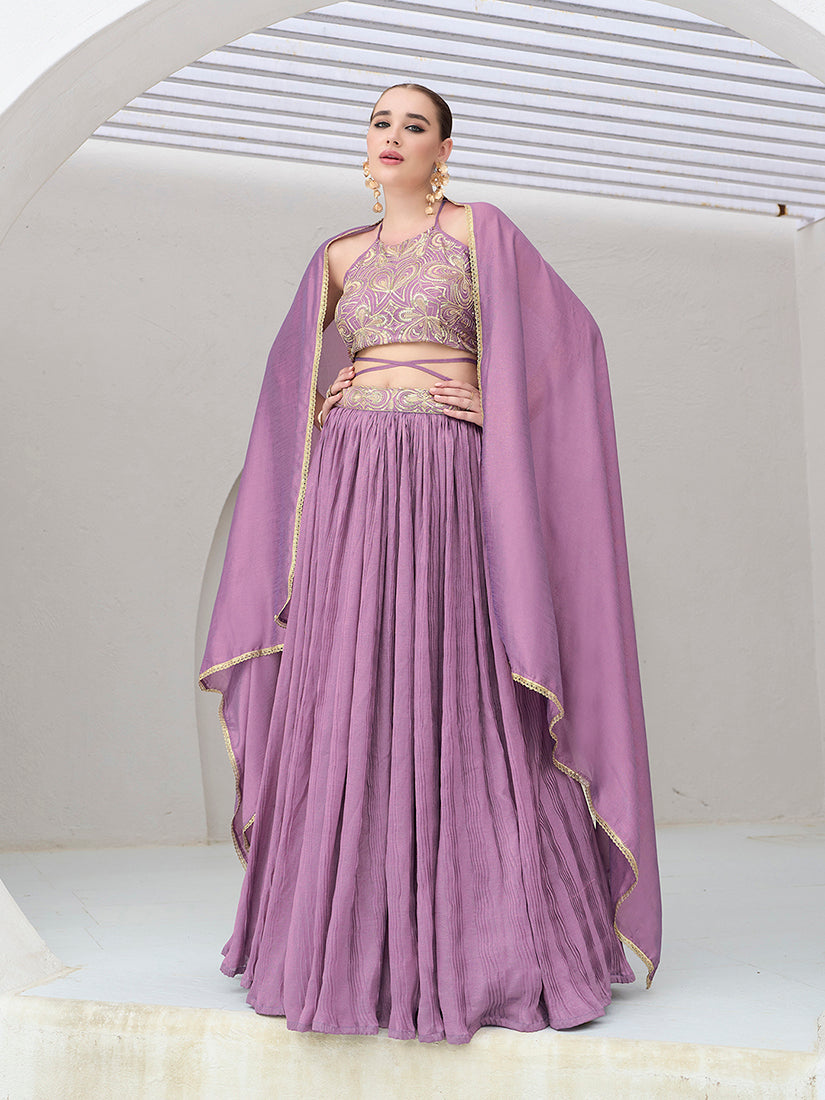 Lavender Festive Look with Silk Crush Lehenga Choli