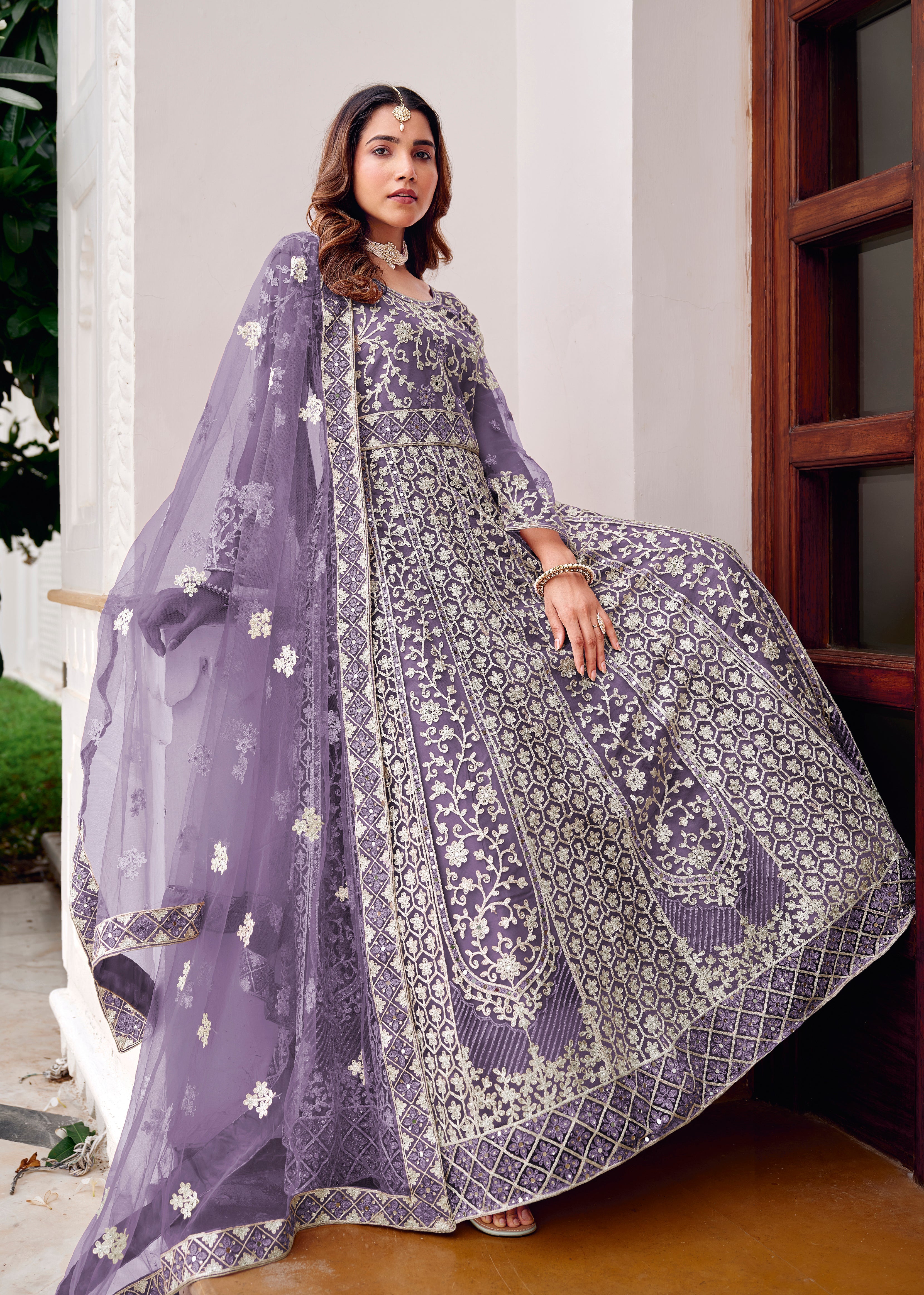 Lavender Net Embroidered Readymade Trendy Gown