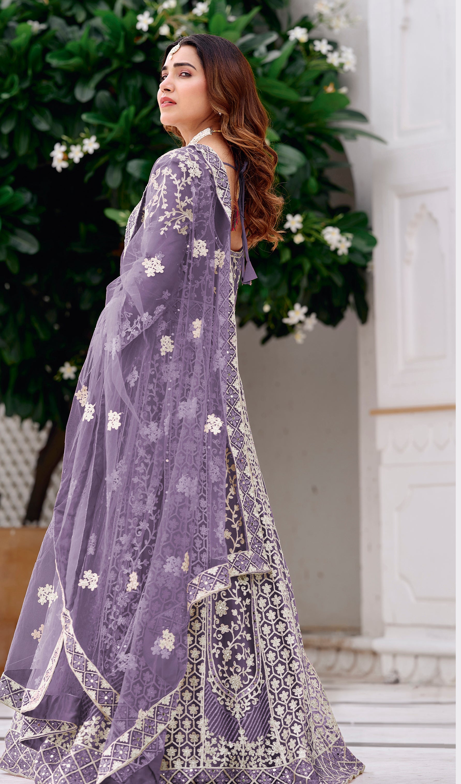 Lavender Net Embroidered Readymade Trendy Gown