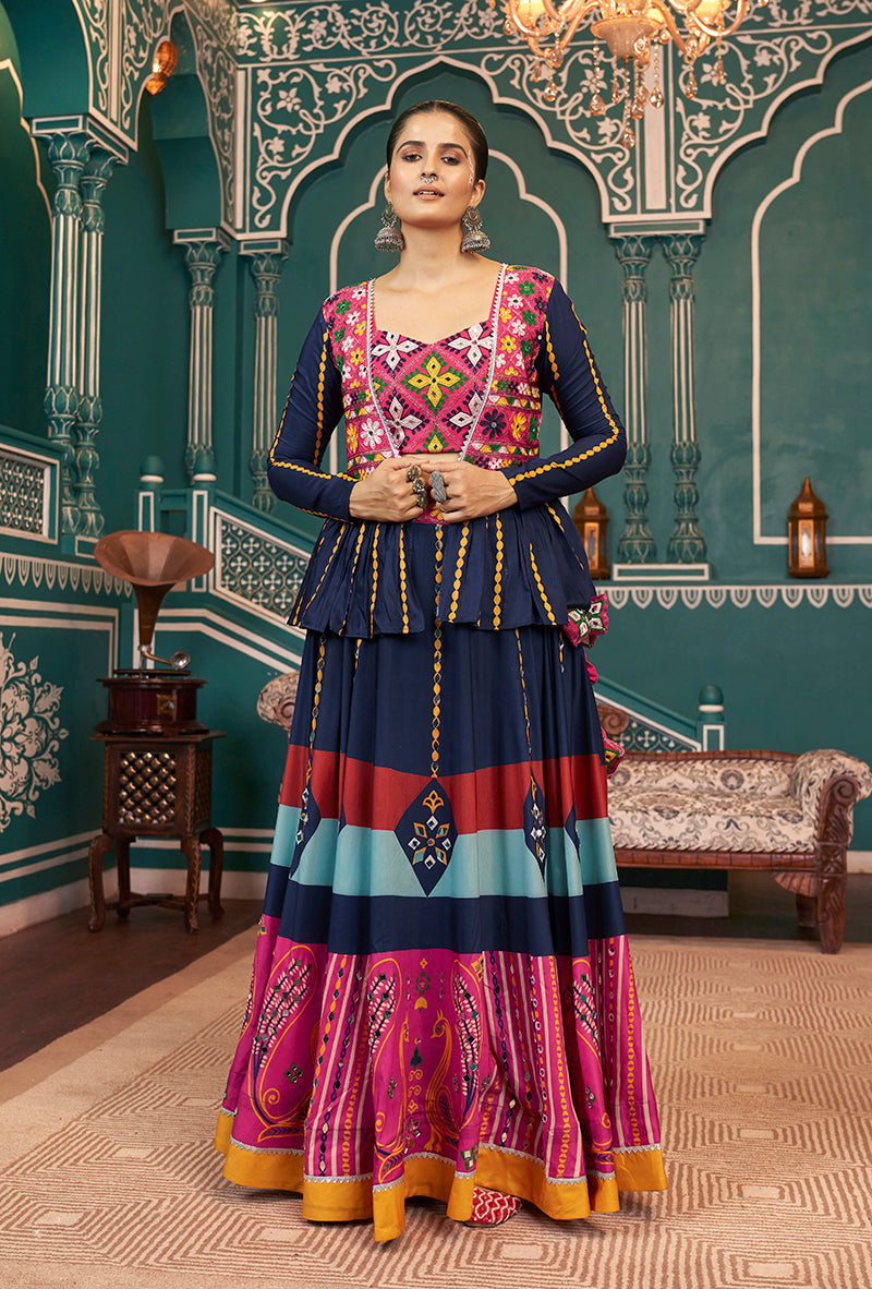 Navy blue Maska Silk Koti Style Lehenga For Navratri Style