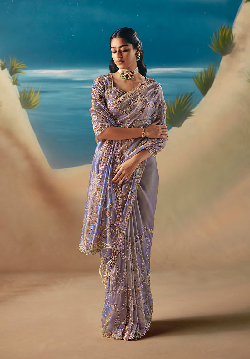 Lavender Premium Fancy Fabric With Designer Embroidery Sequence Work Saree